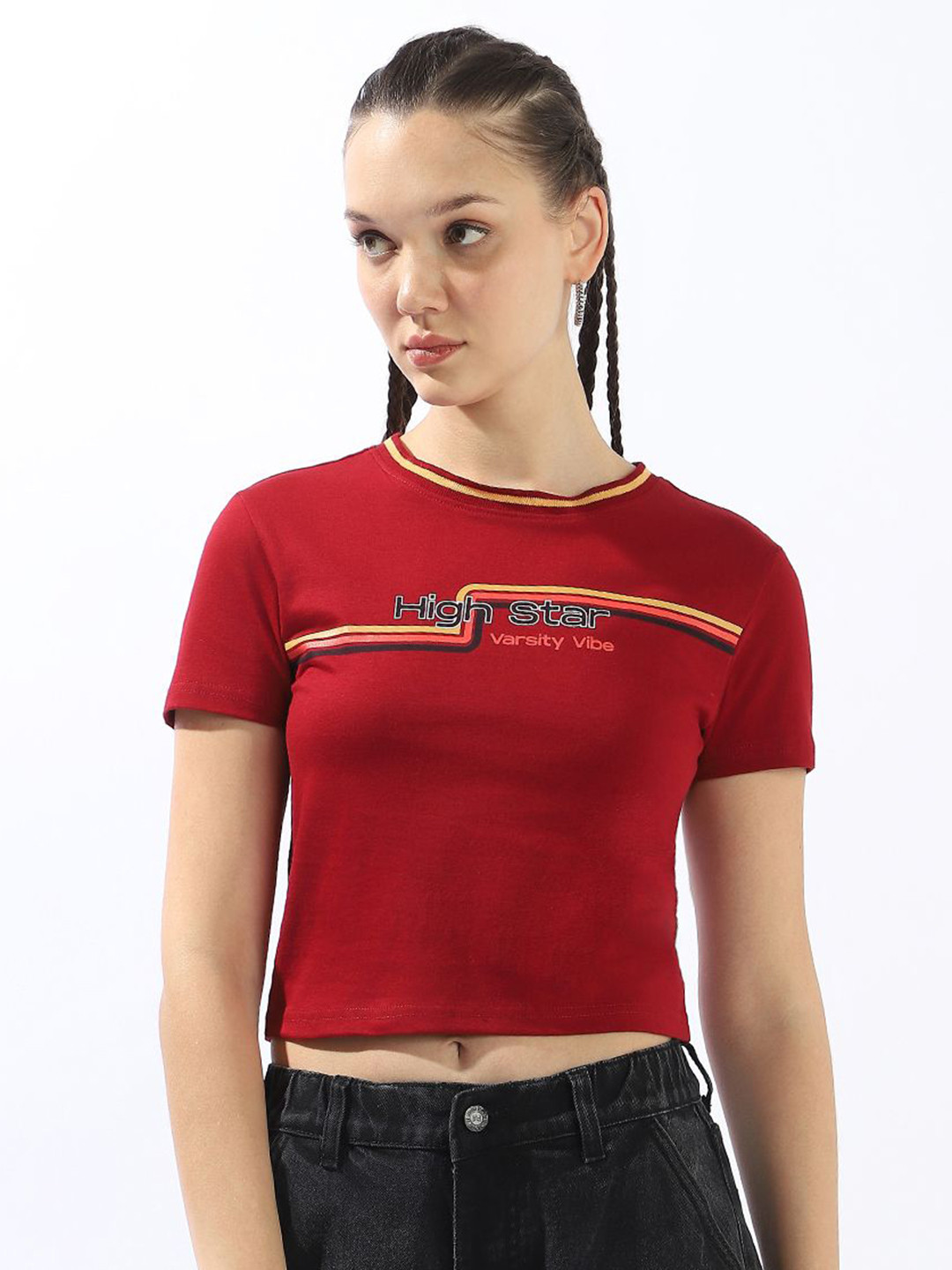 High Star Typography Printed Slim Fit Cotton Cropped T-Shirt