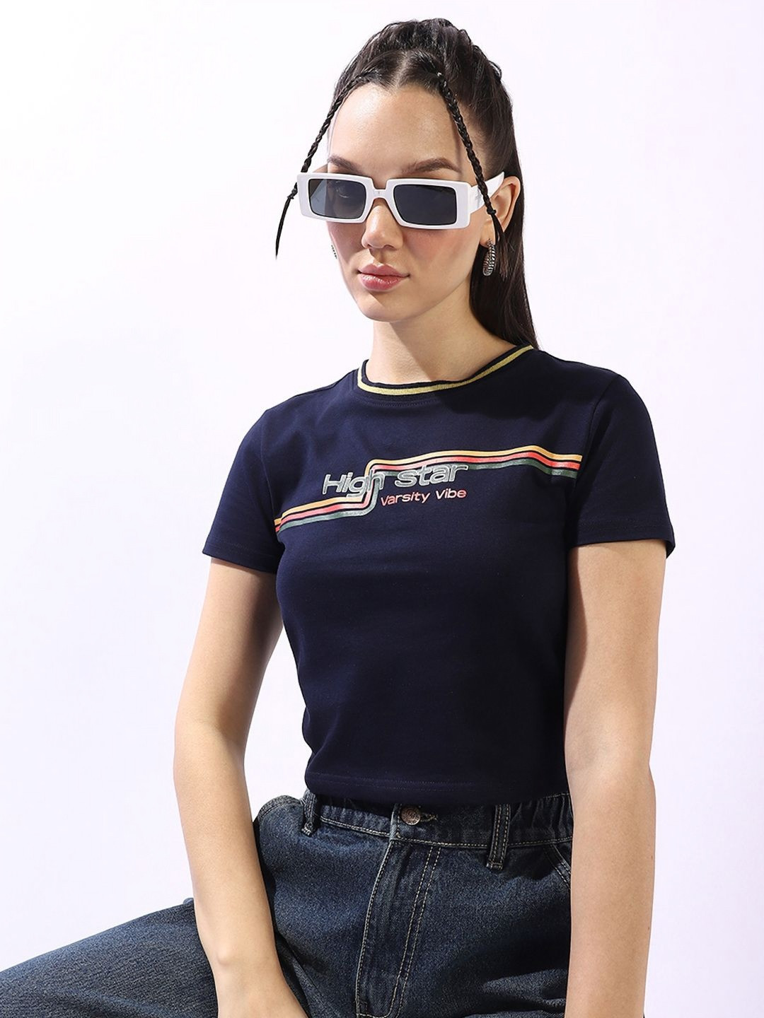 High Star Typography Printed Slim Fit Cotton Cropped T-Shirt