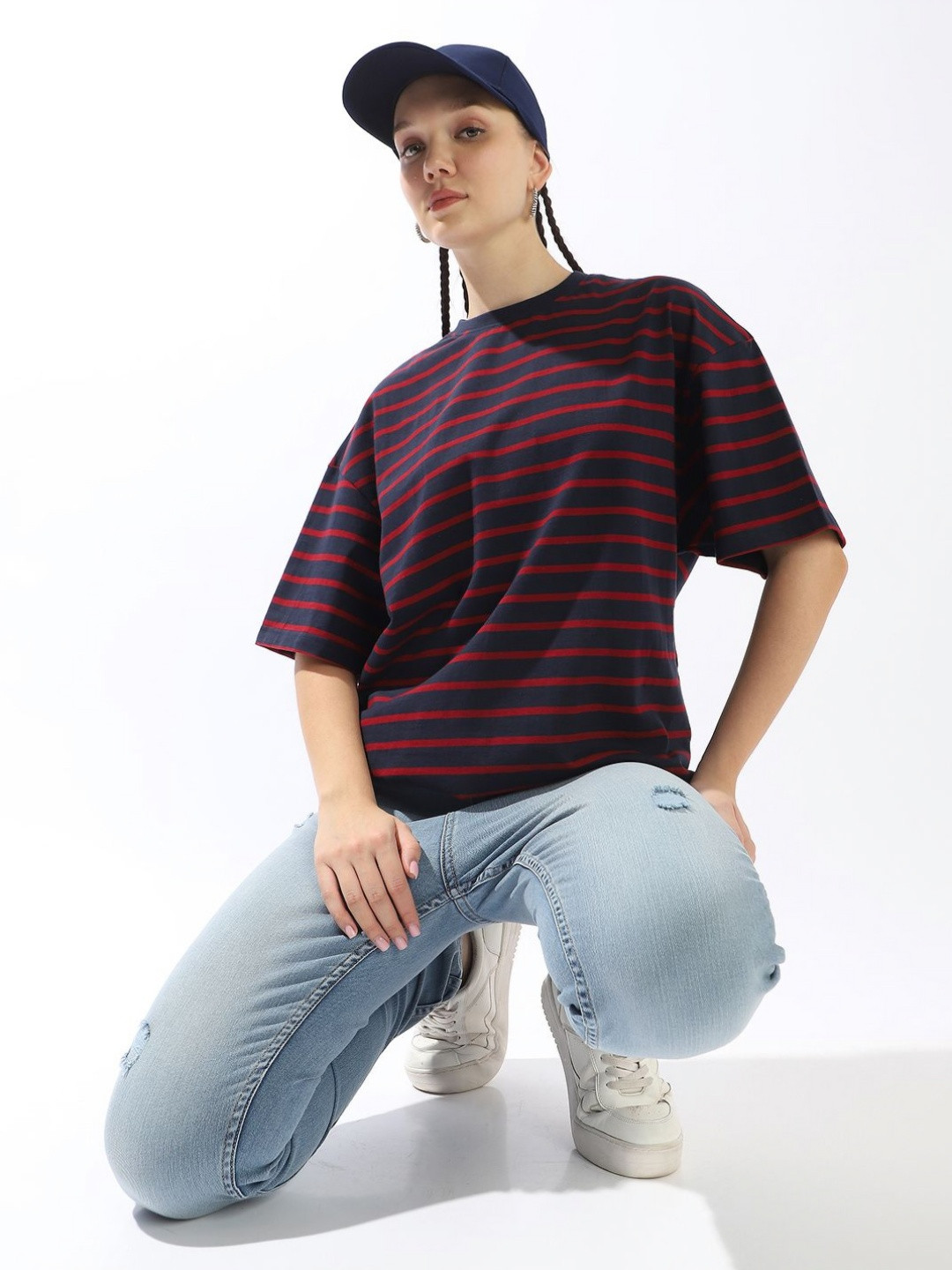 High Star Striped Drop-Shoulder Sleeves Monochrome Cotton Oversized T-Shirt