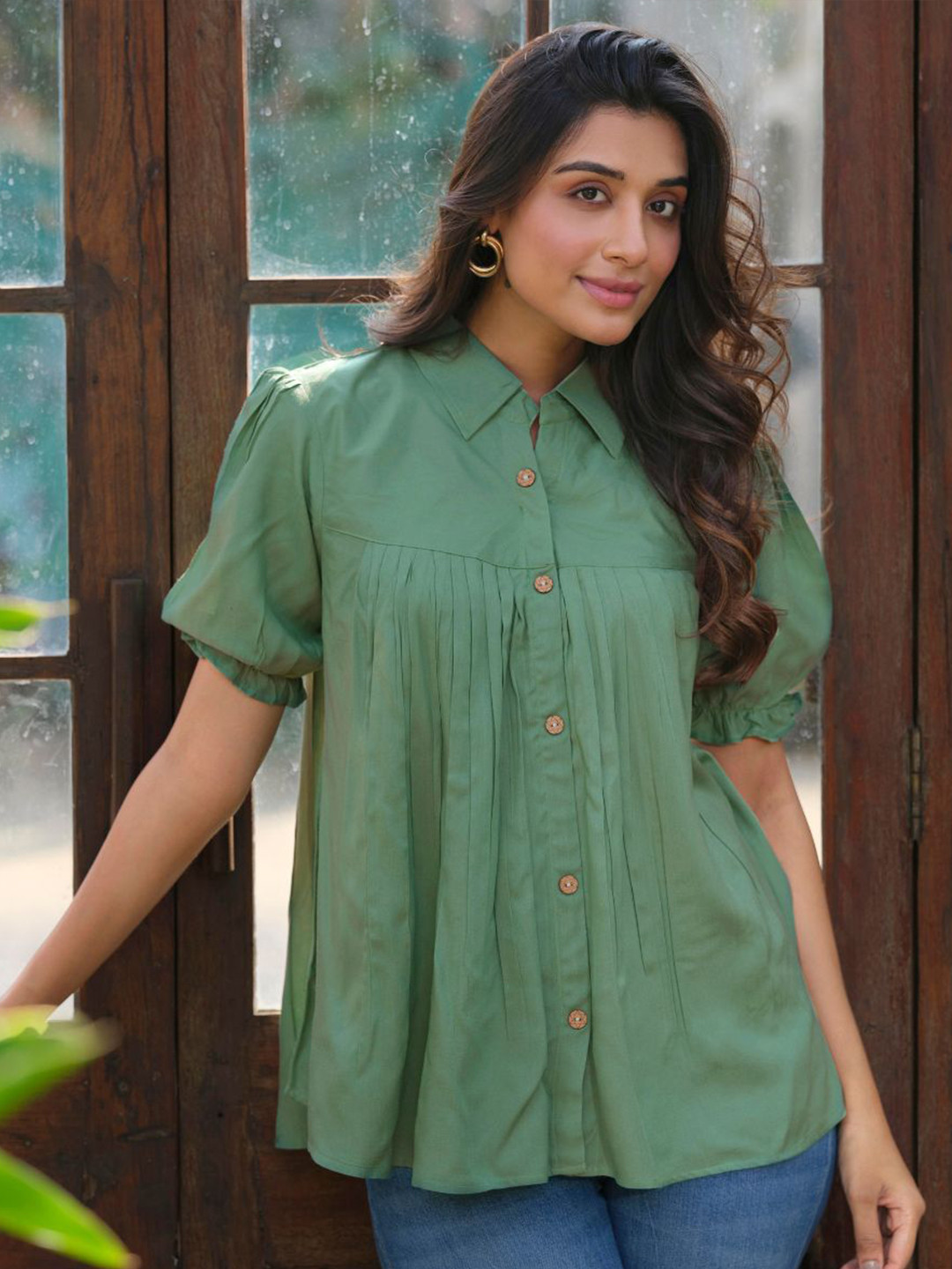 Moda Rapido Women Gatherd Shirt Collar Cotton Tunic