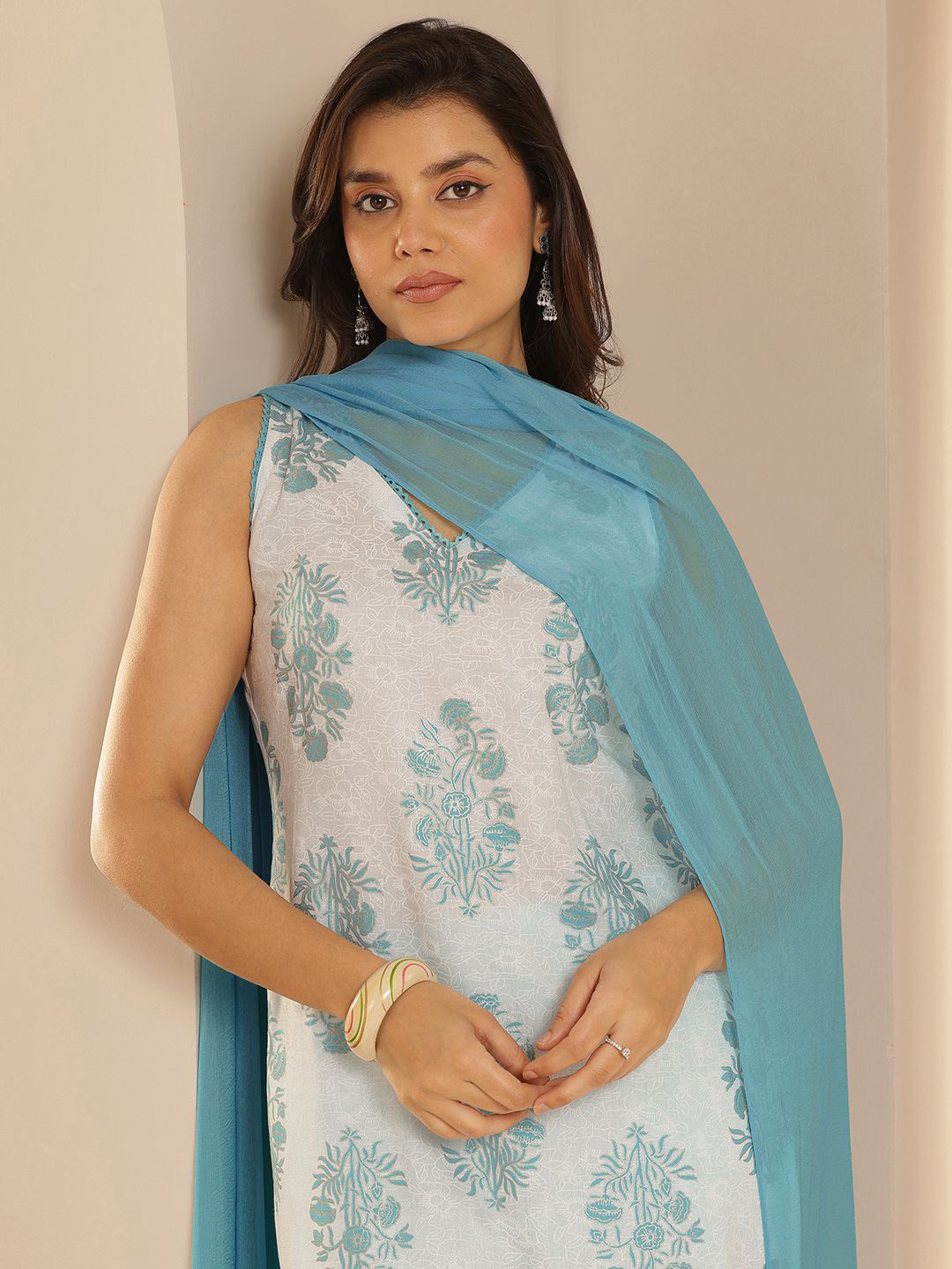 Libas Floral Printed V-Neck Straight Kurta With Trousers And Dupatta