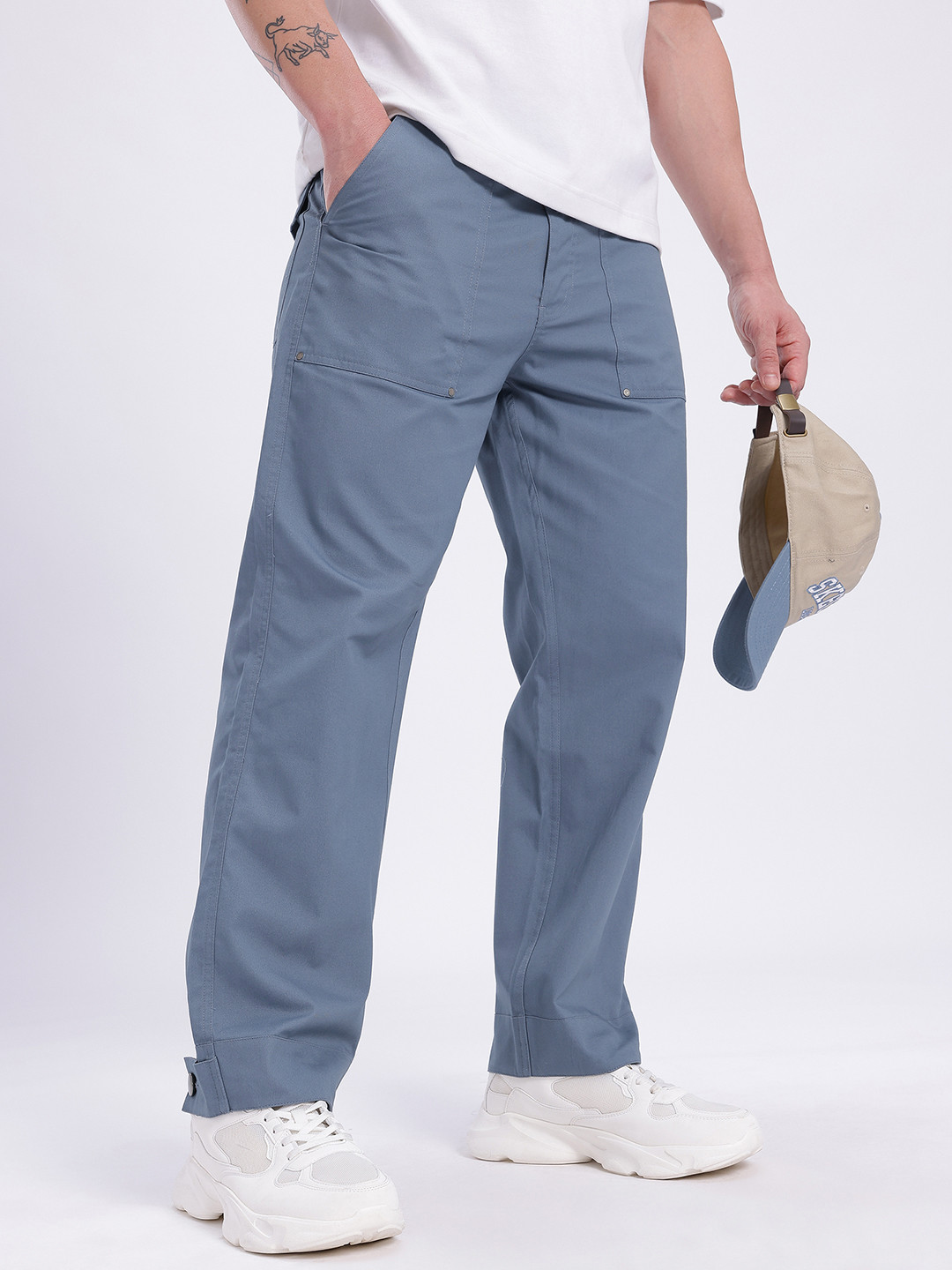 glitchez Men Cotton Relaxed Fit Tab Detail Trousers