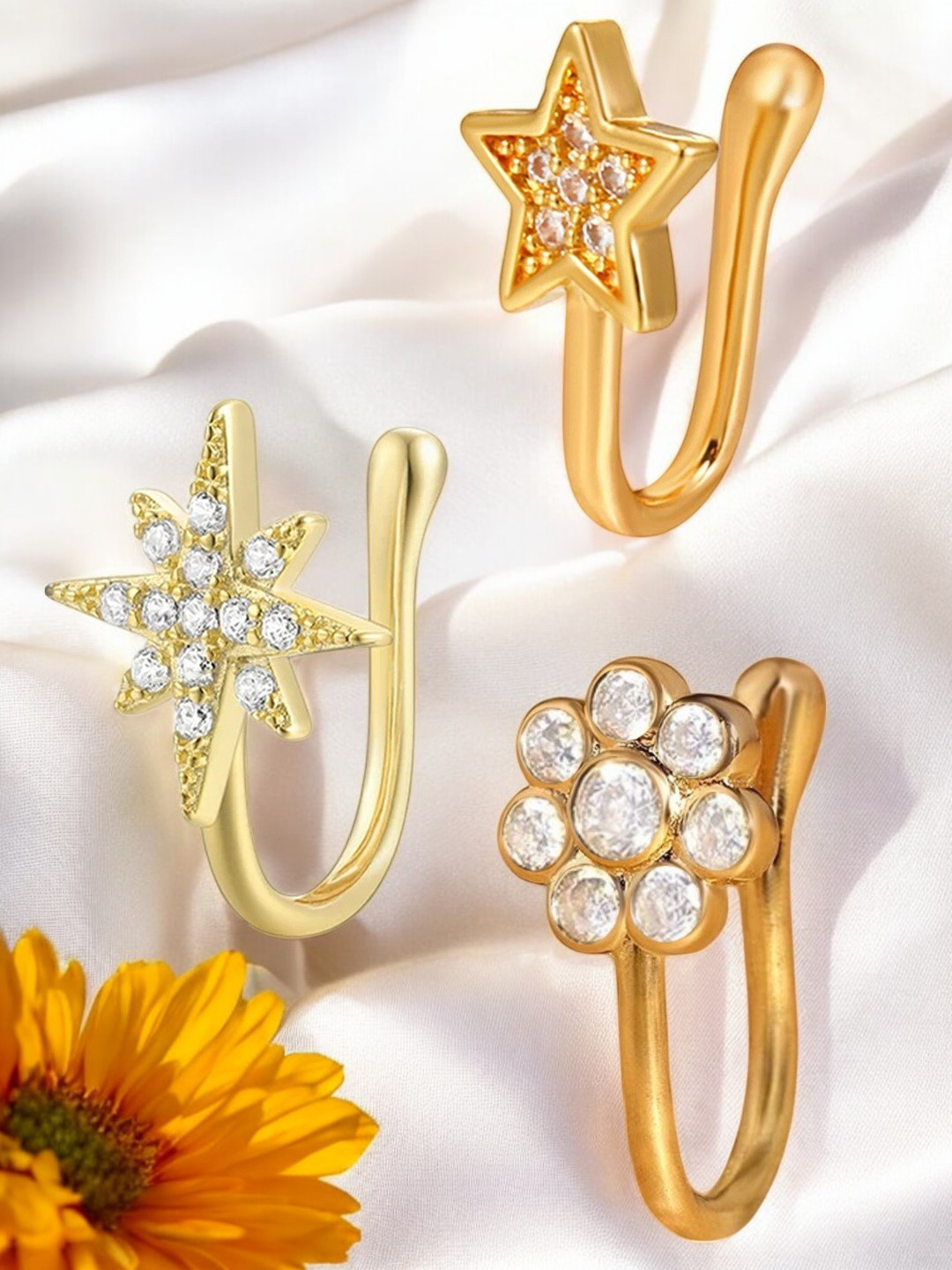 OOMPH Combo of 3 Gold Heart Fish Fin & Star Shape Zircon Stud Nosepins