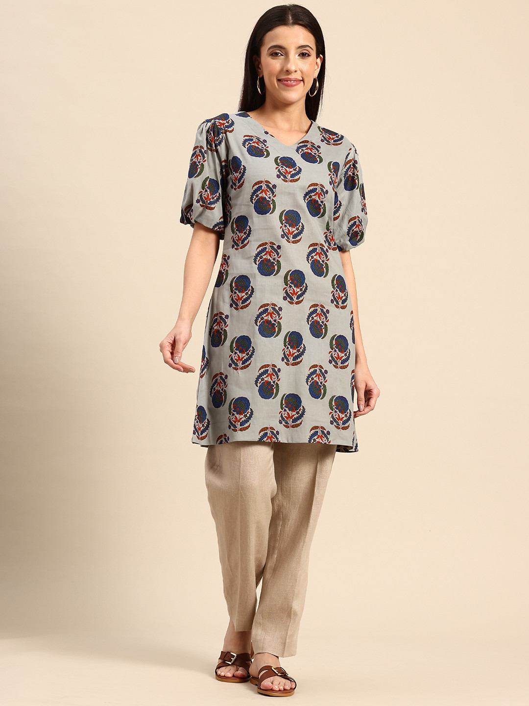 A&K Floral Printed V-Neck Pure Cotton Kurti