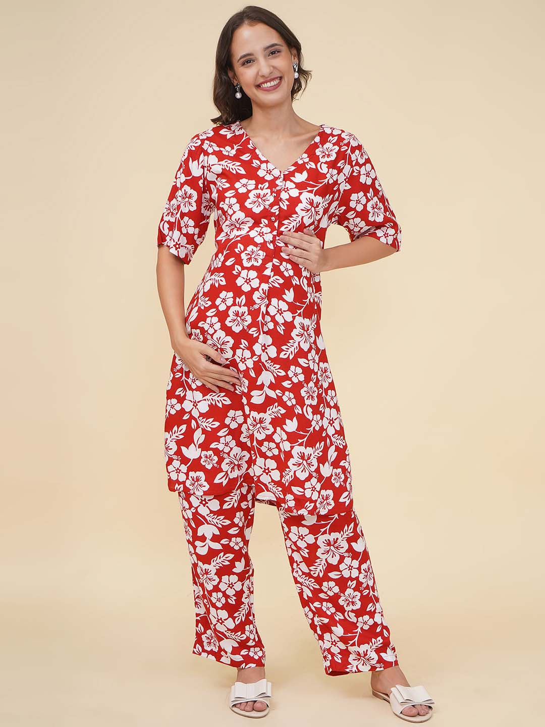 Mine4Nine Maternity Floral Printed V-Neck Straight Kurta With Harem Pants