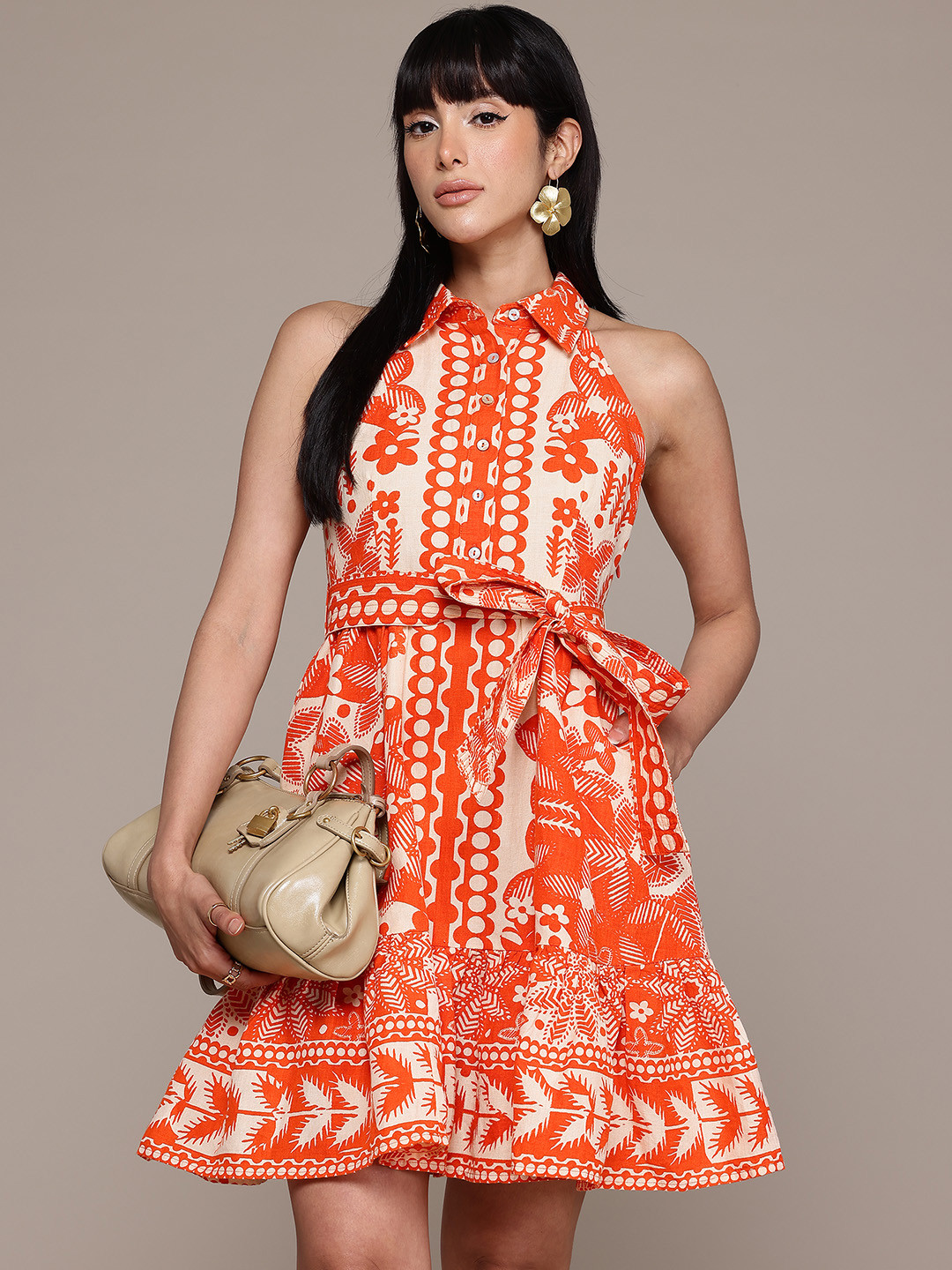 Label Ritu Kumar Floral Print Cotton Linen Shirt Dress
