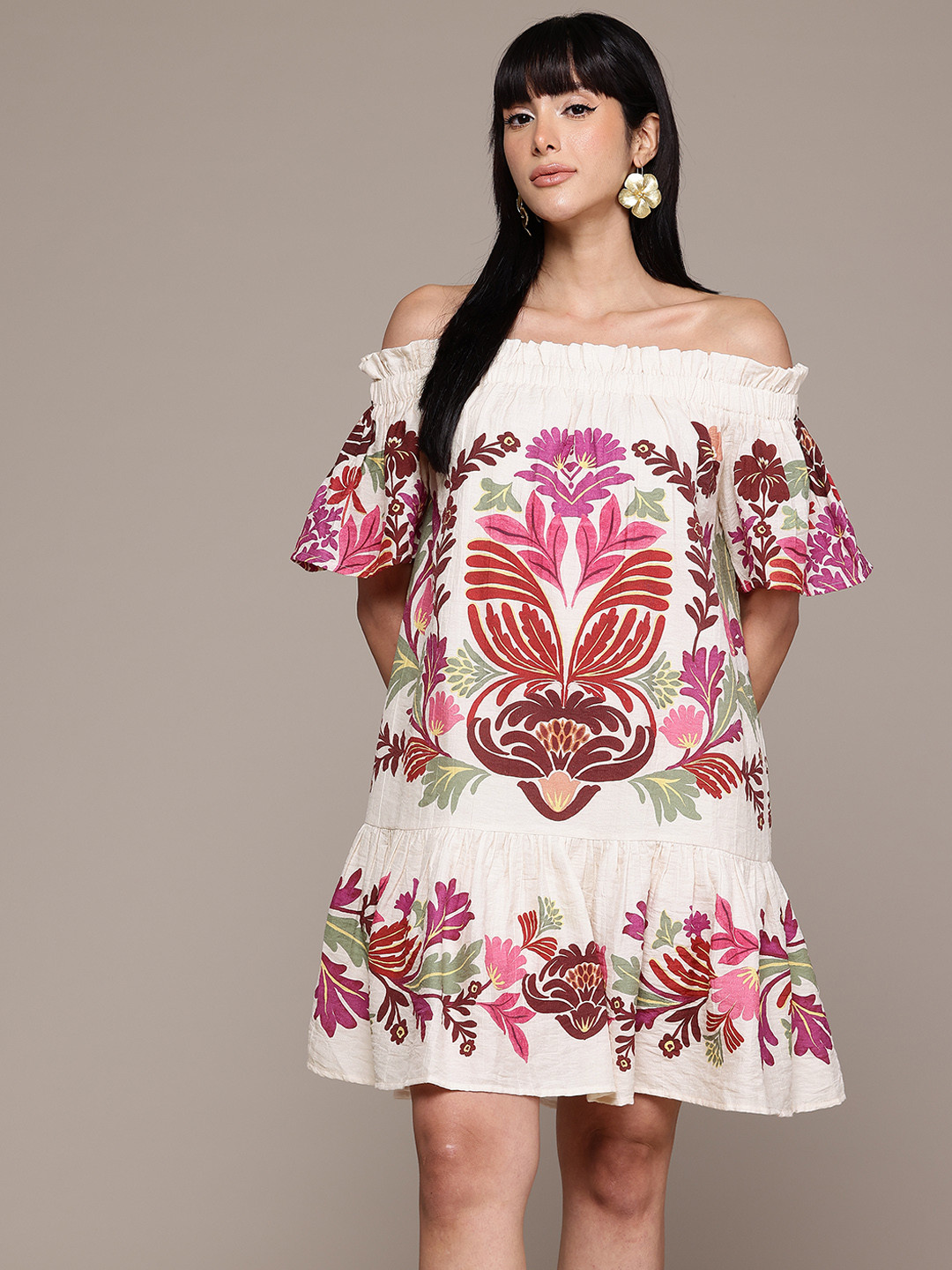 Label Ritu Kumar Floral Print Off-Shoulder Cold-Shoulder Drop-Waist Mini Dress