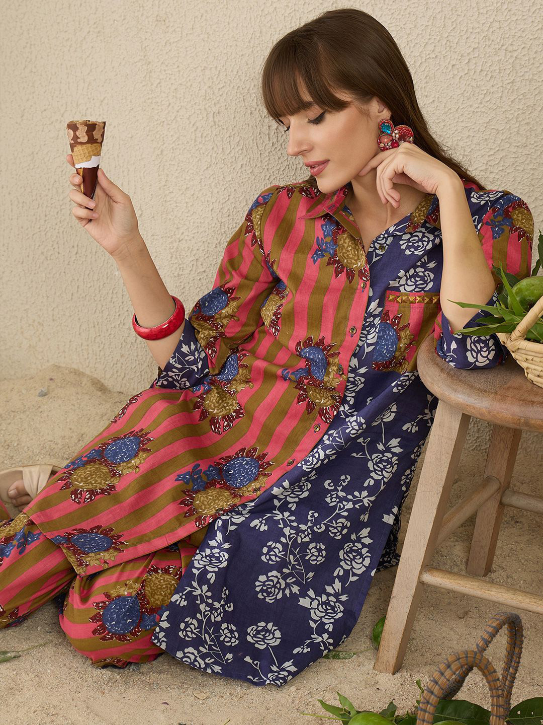 Indo Era Floral Screen Printed Shirt Collar Pure Cotton Straight Kurta With Trousers