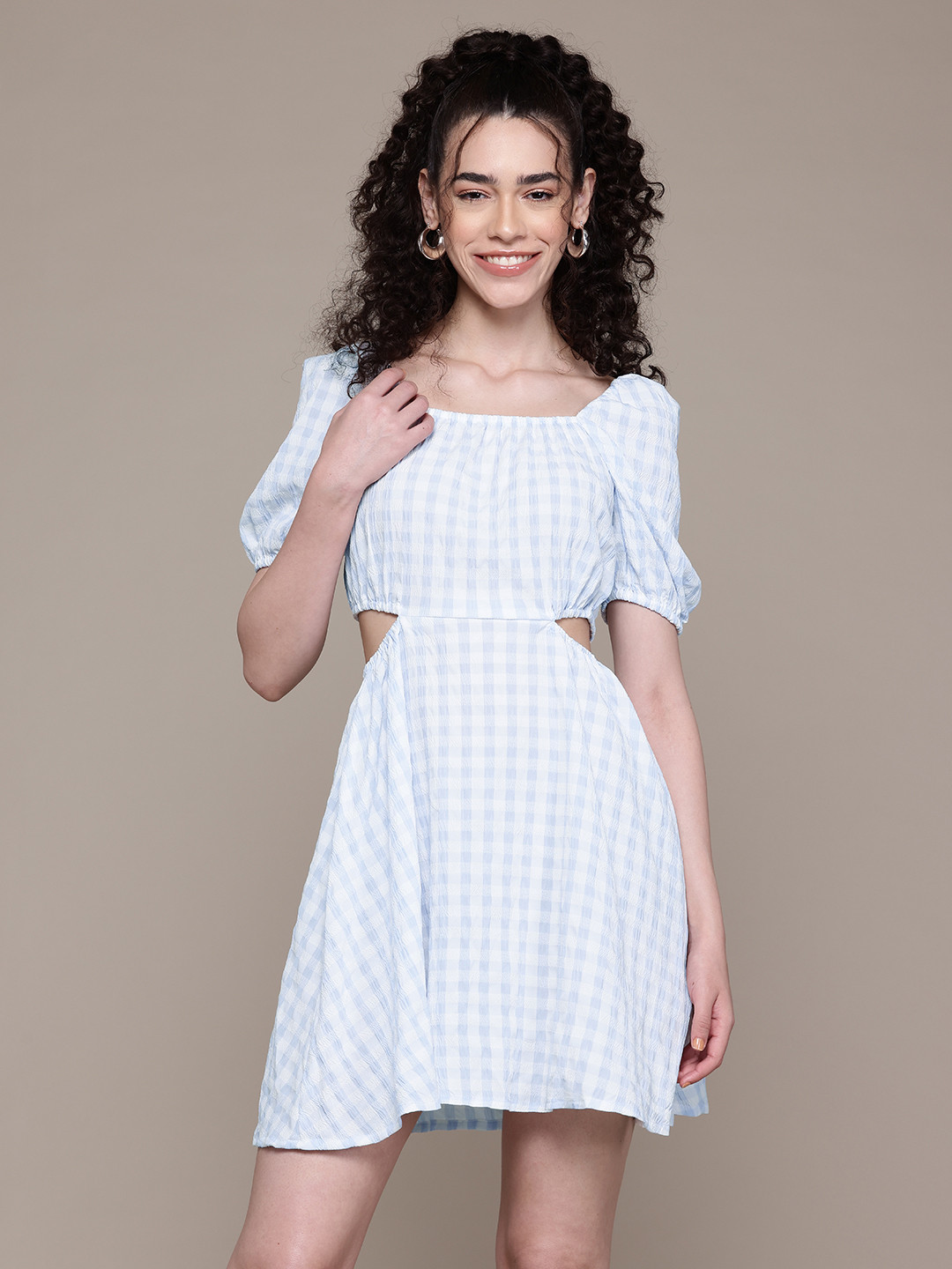 Freehand by The Indian Garage Co Checked Puff Sleeve Fit & Flare Dress With Cut-Out Detail