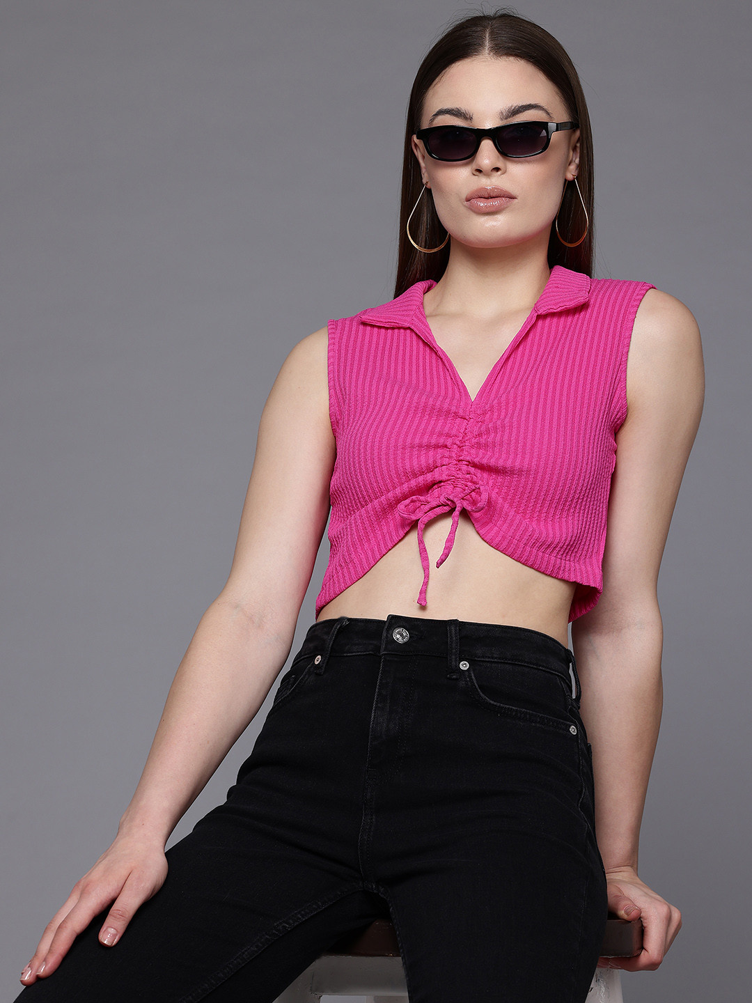 Freehand by The Indian Garage Co Textured Crop Top With Tie-Ups Detail