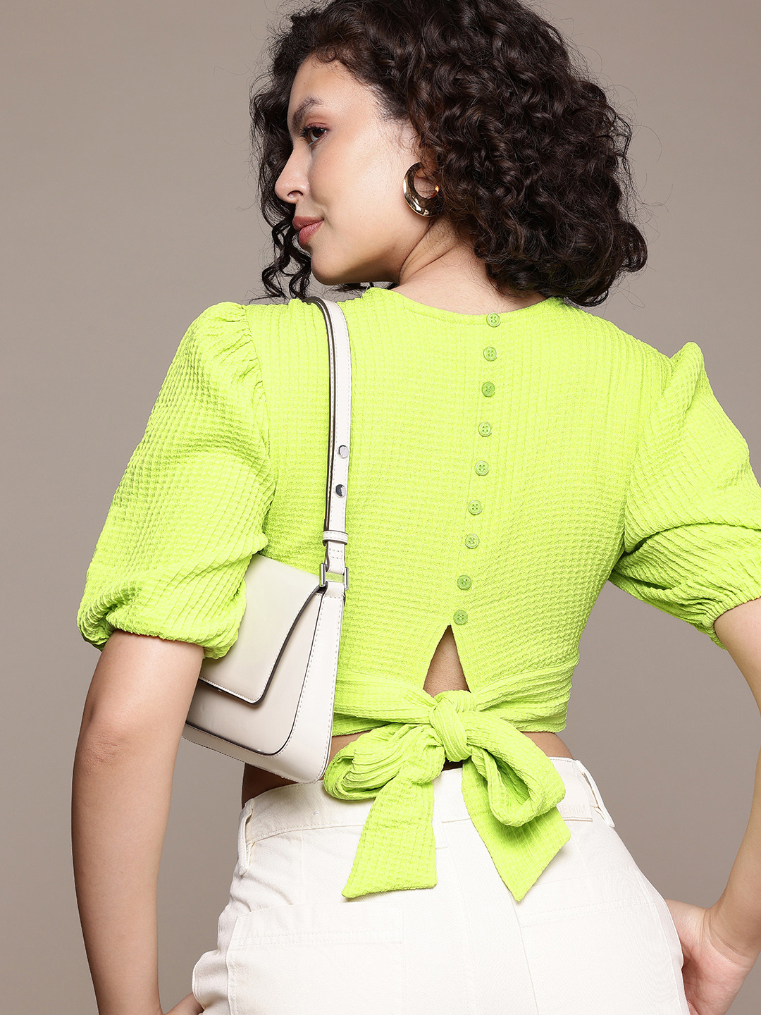 Freehand by The Indian Garage Co Puff Sleeve Styled Back Crop Top