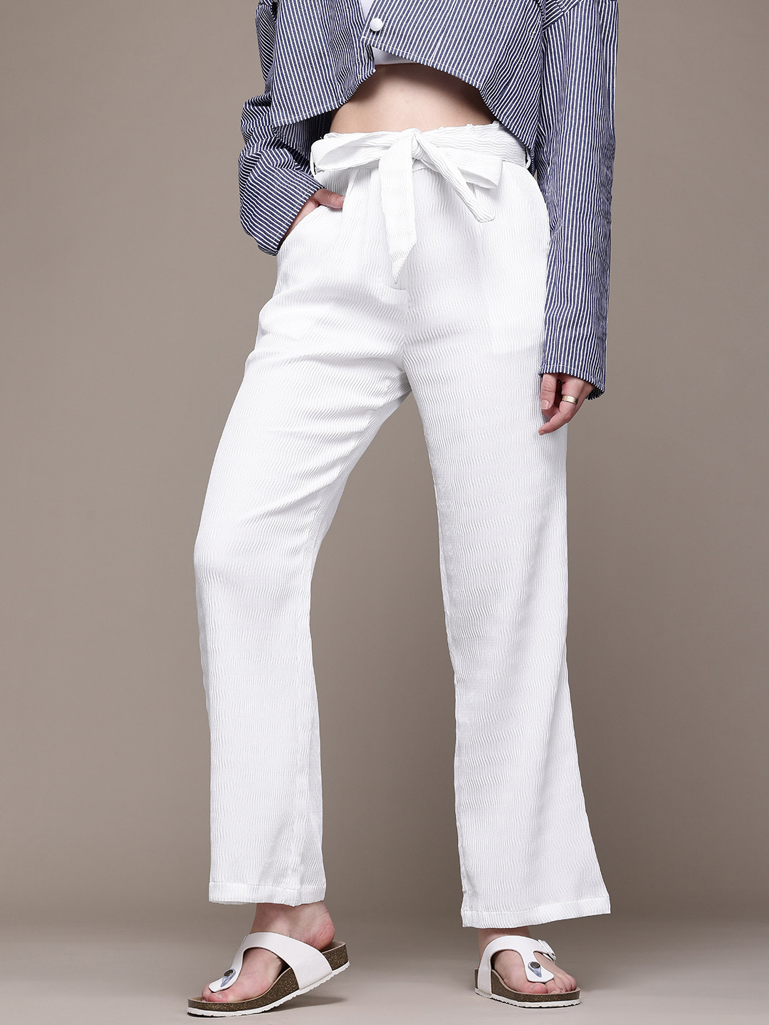 Freehand by The Indian Garage Co Women Textured High-Rise Wrinkle Free Trousers