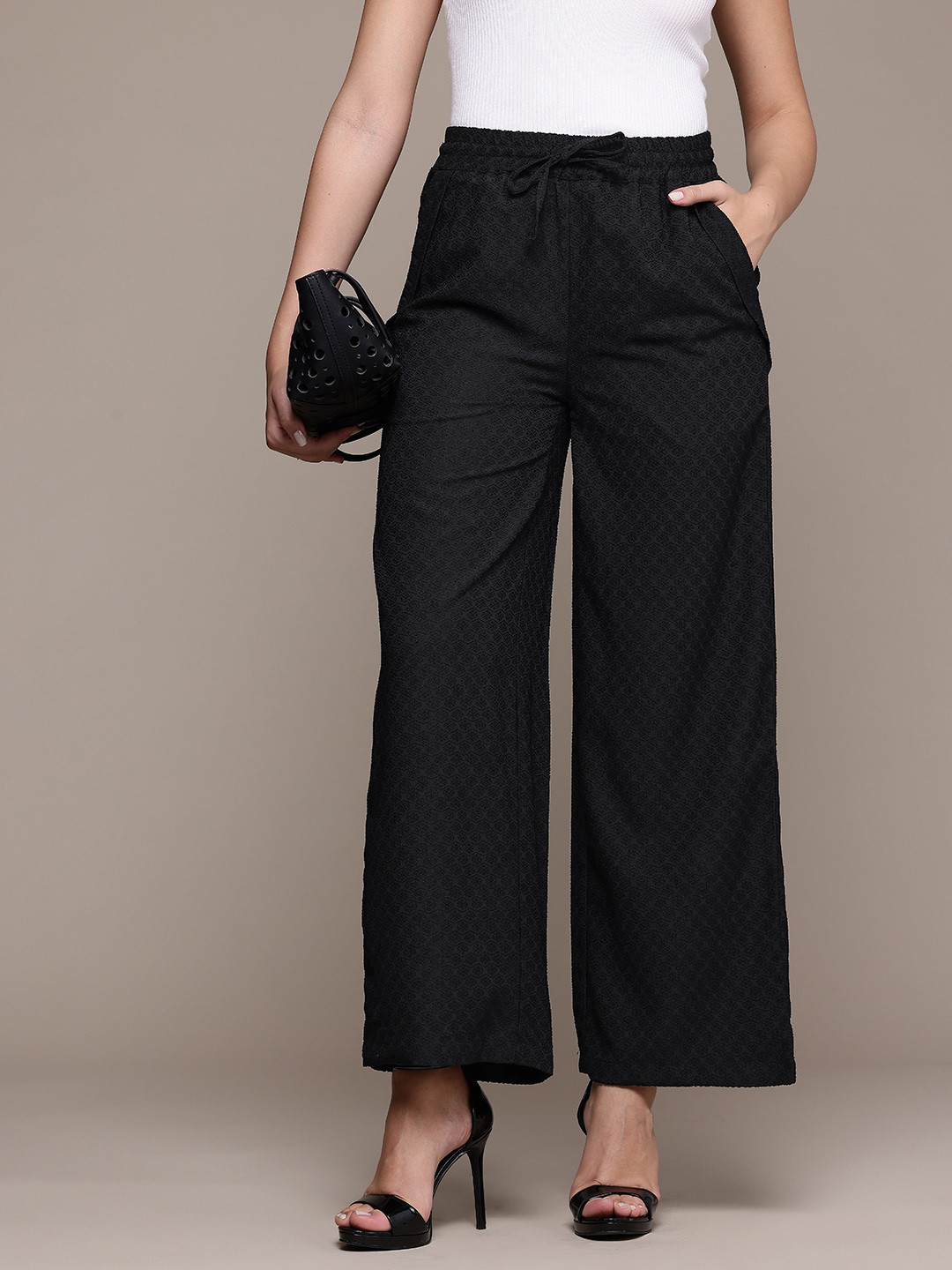 Freehand by The Indian Garage Co Women Textured High-Rise Wrinkle Free Trousers