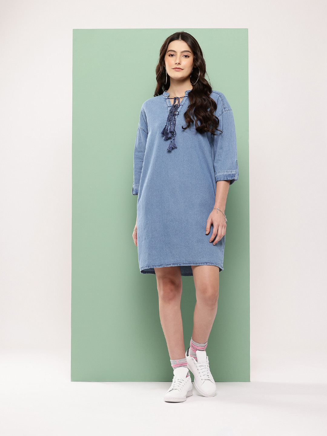 Killer Tie-Up Neck Denim Shift Dress