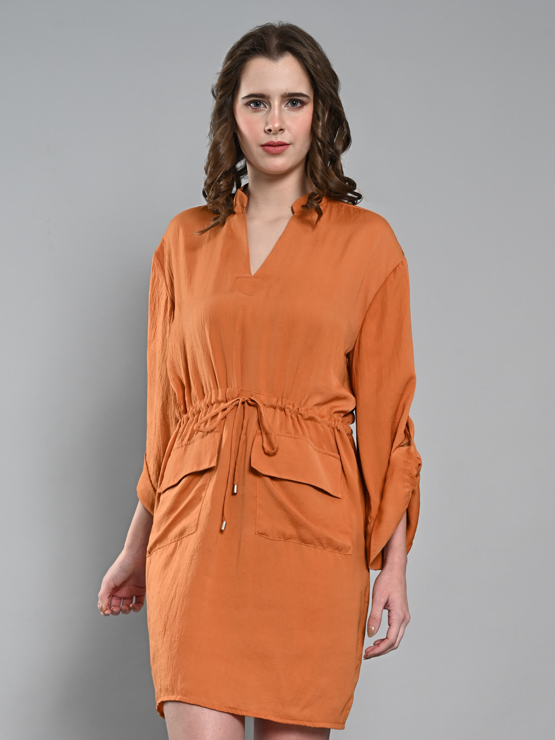 Killer Mandarin Collar Cinched Waist Roll-Up Sleeves A-Line Dress