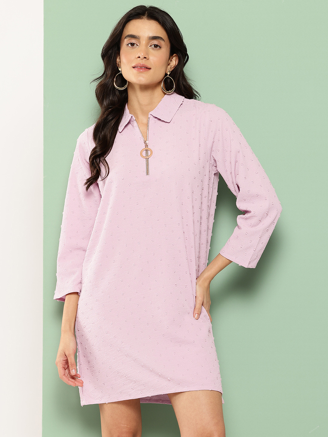 Killer Shirt Collar Dobby Weave Shift Dress