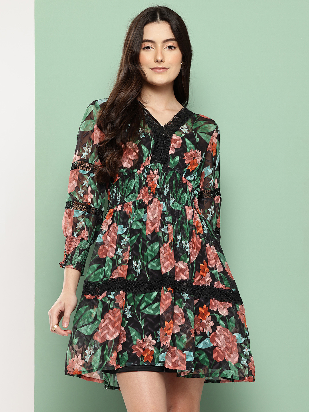 Killer Floral Print Lace Insert Detail Smocked Semi-Sheer Fit & Flare Dress