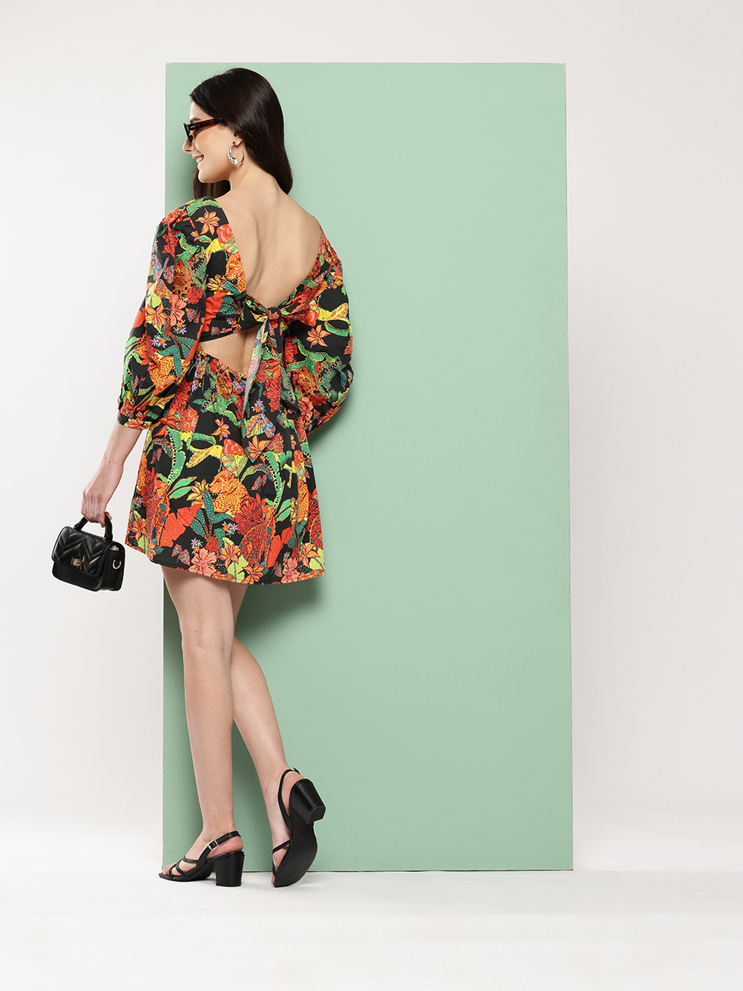 Killer Tropical Print Puff Sleeves Tie-Up Detail Cotton Mini A-Line Dress