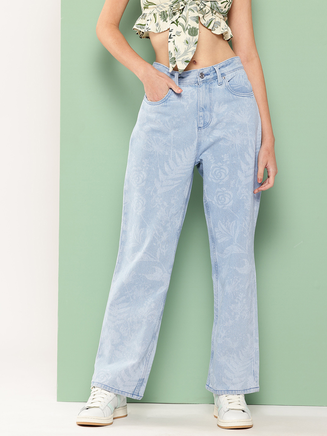 Killer Women Floral Printed Mid-Rise No Fade Wide Leg Jeans