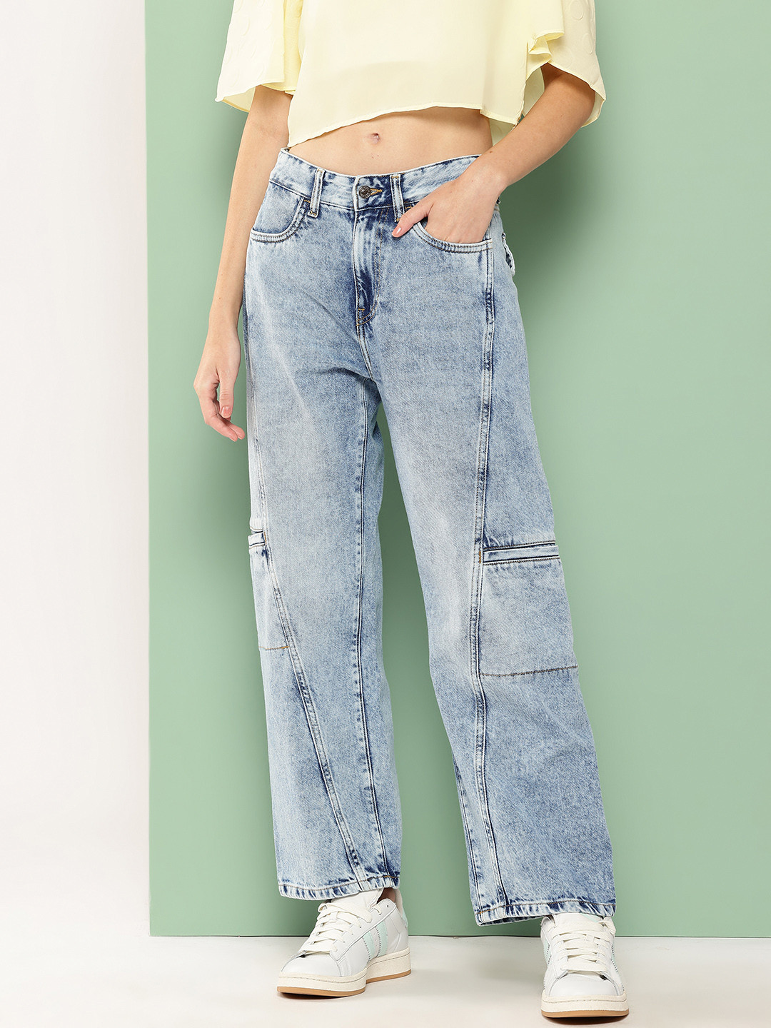 Killer Women Mid-Rise Light Fade Panelled Cargo-Style Wide Leg Jeans