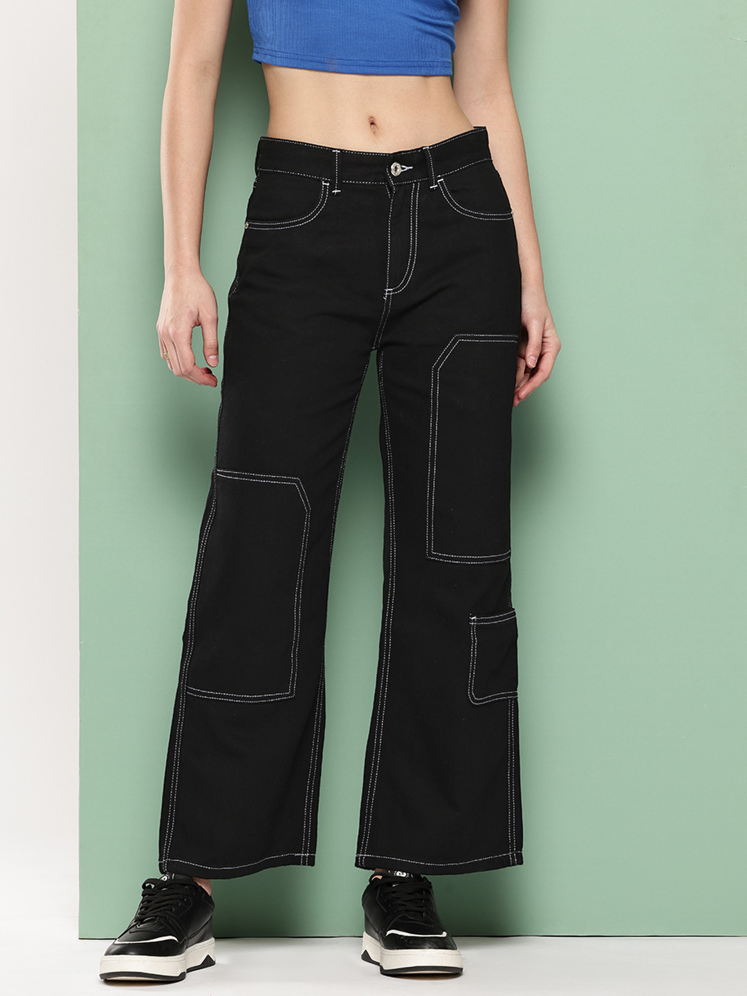 Killer Women Panelled Mid-Rise Wide Leg Jeans with Contrast Stitching