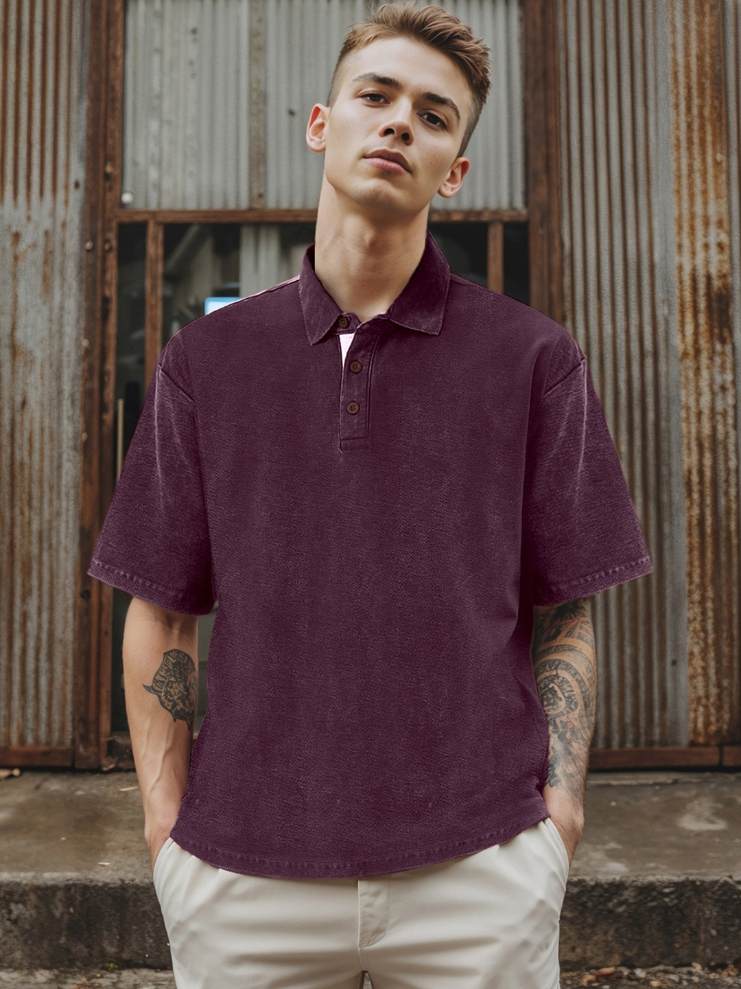 Bewakoof Heavy Duty Men's Purple Oversized Acid Wash Polo Pure Cotton T-shirt