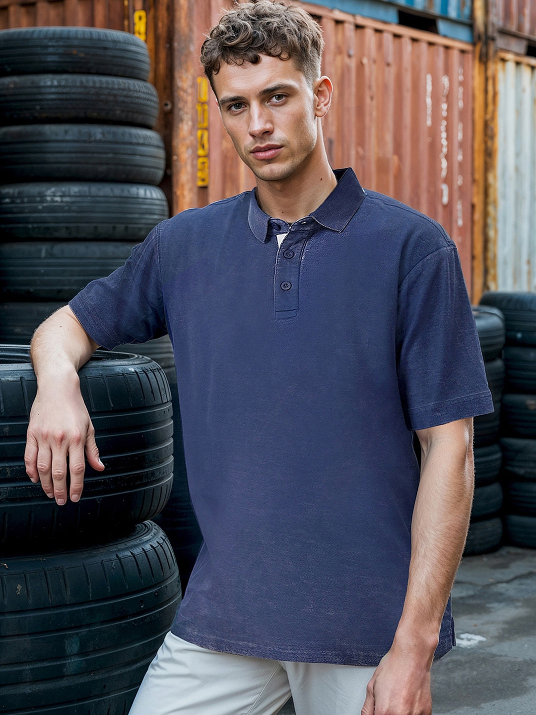 Bewakoof Heavy Duty Men Acid Wash Polo Collar Pure Cotton Oversized T-shirt