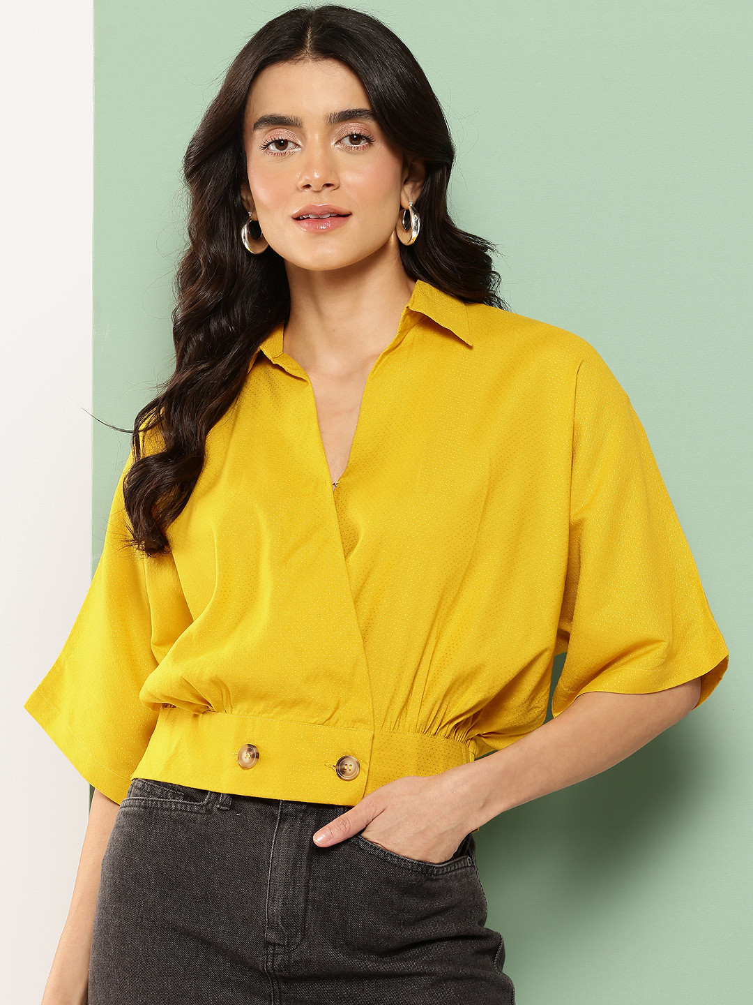 Killer Geometric Embroidered Kimono Sleeves Wrap-Style Crop Cinched Waist Top