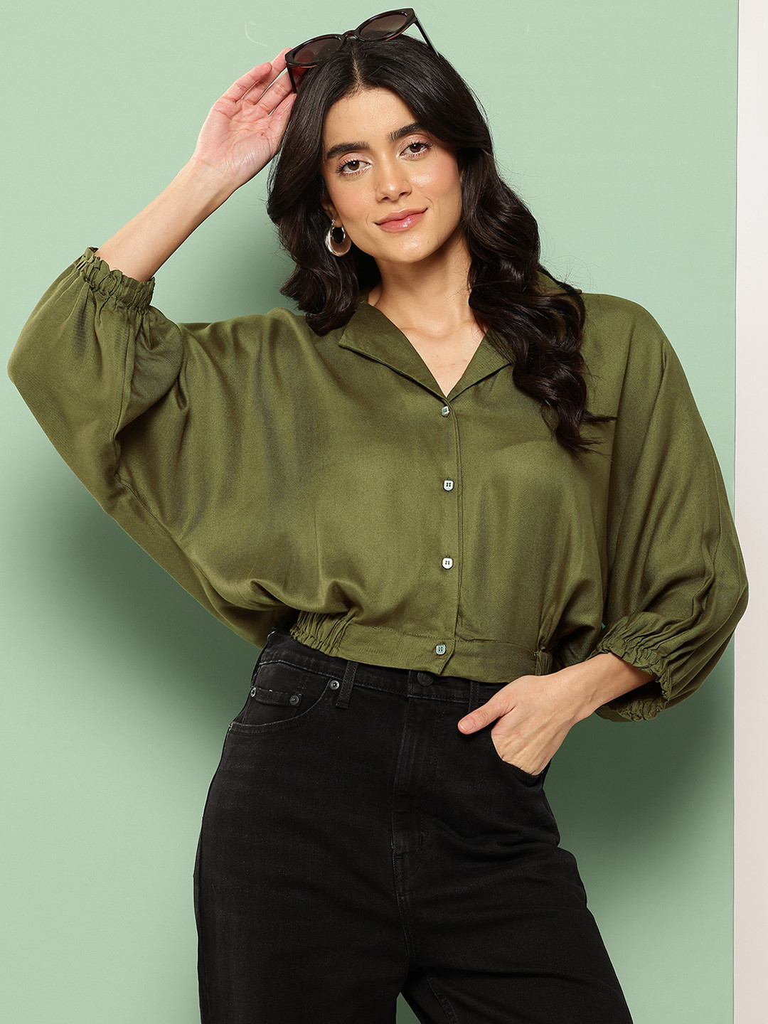 Killer Dolman Sleeves Twill Weave Cuban Collar Crop Casual Shirt