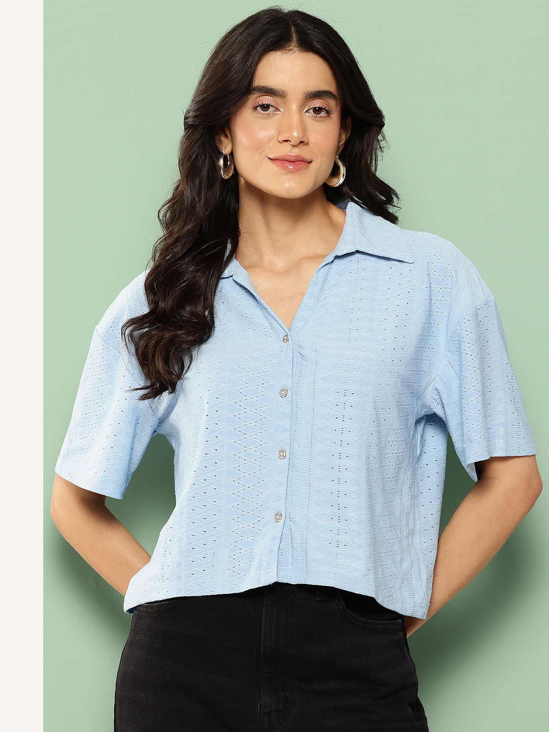 Killer Geometric Embroidered Schiffli Detail Crop Drop-Sleeves Shirt