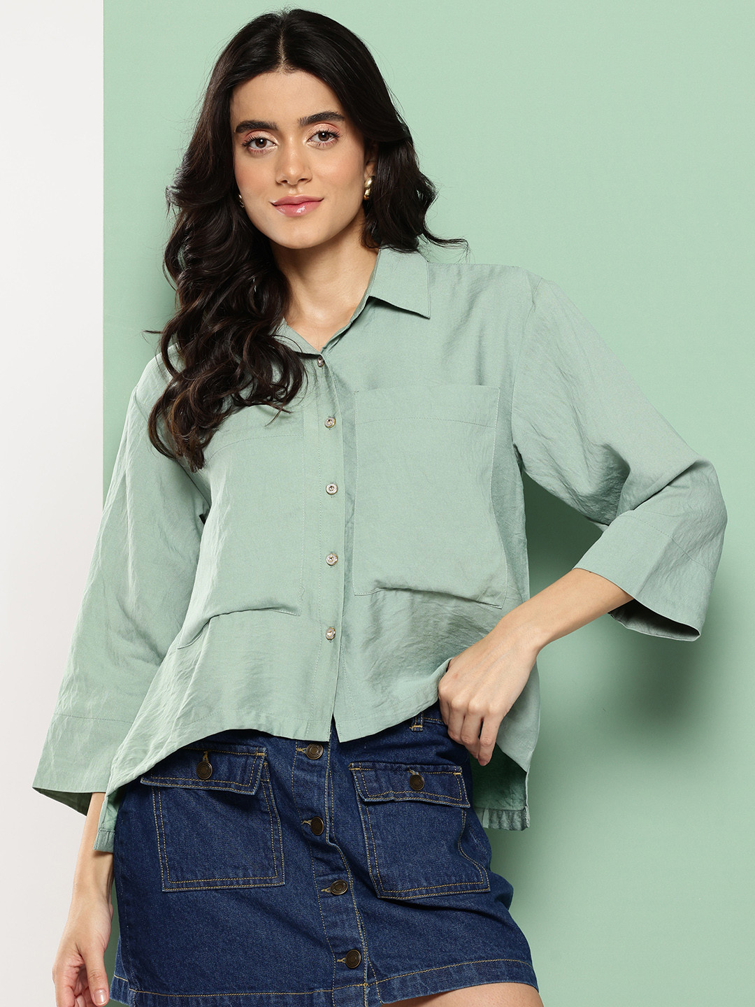 Killer Drop-Shoulder Sleeves Casual Shirt with High-Low Hem & Chest Pockets