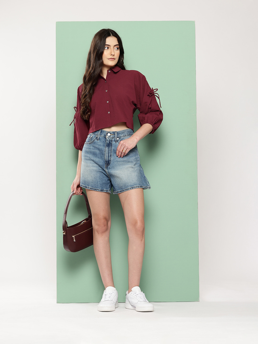 Killer Seer Sucker Styled Back Puff Sleeves Casual Crop Shirt