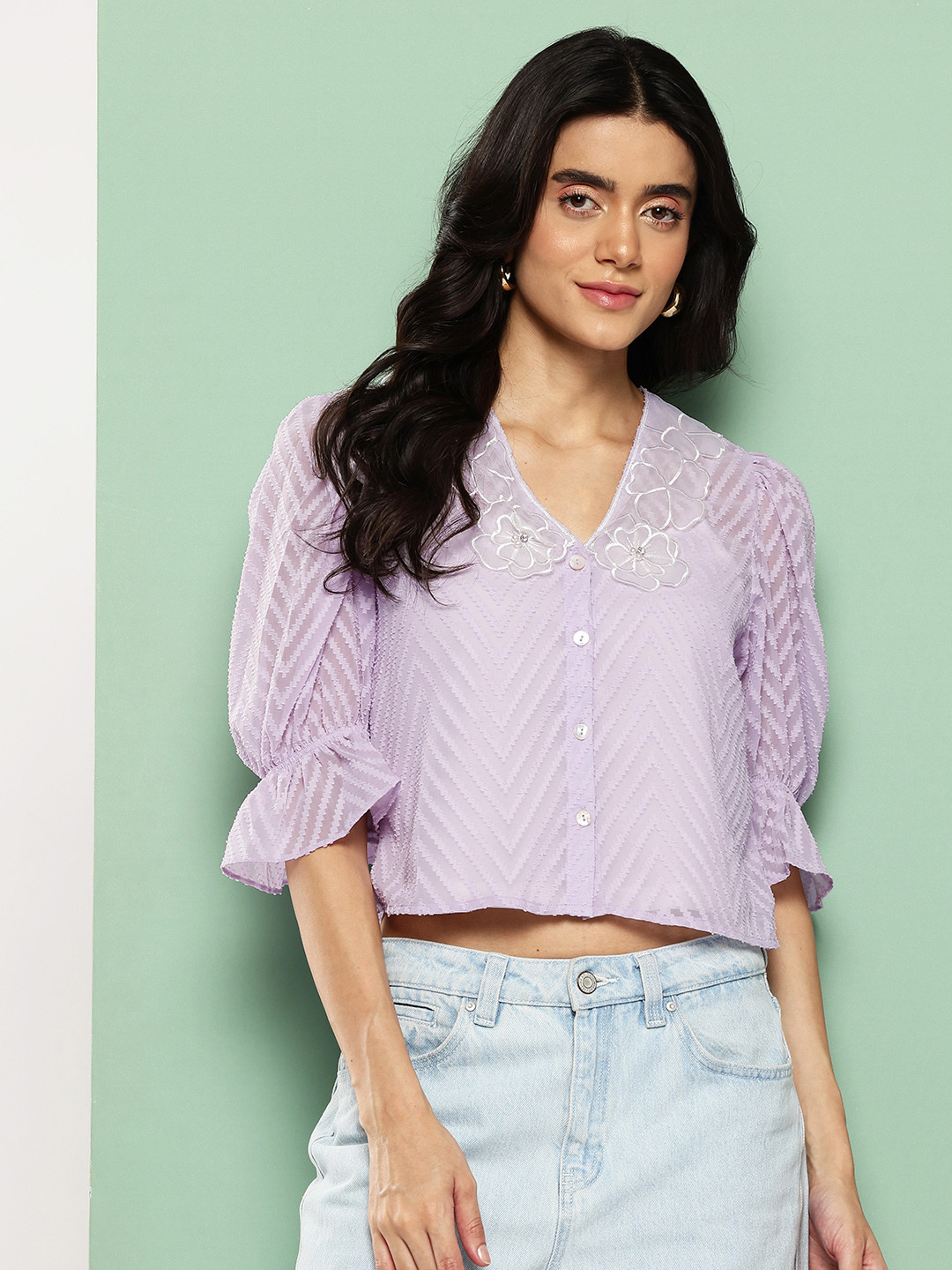 Killer Dobby Weave Striped Semi Seer Lace Inserts Crop Top