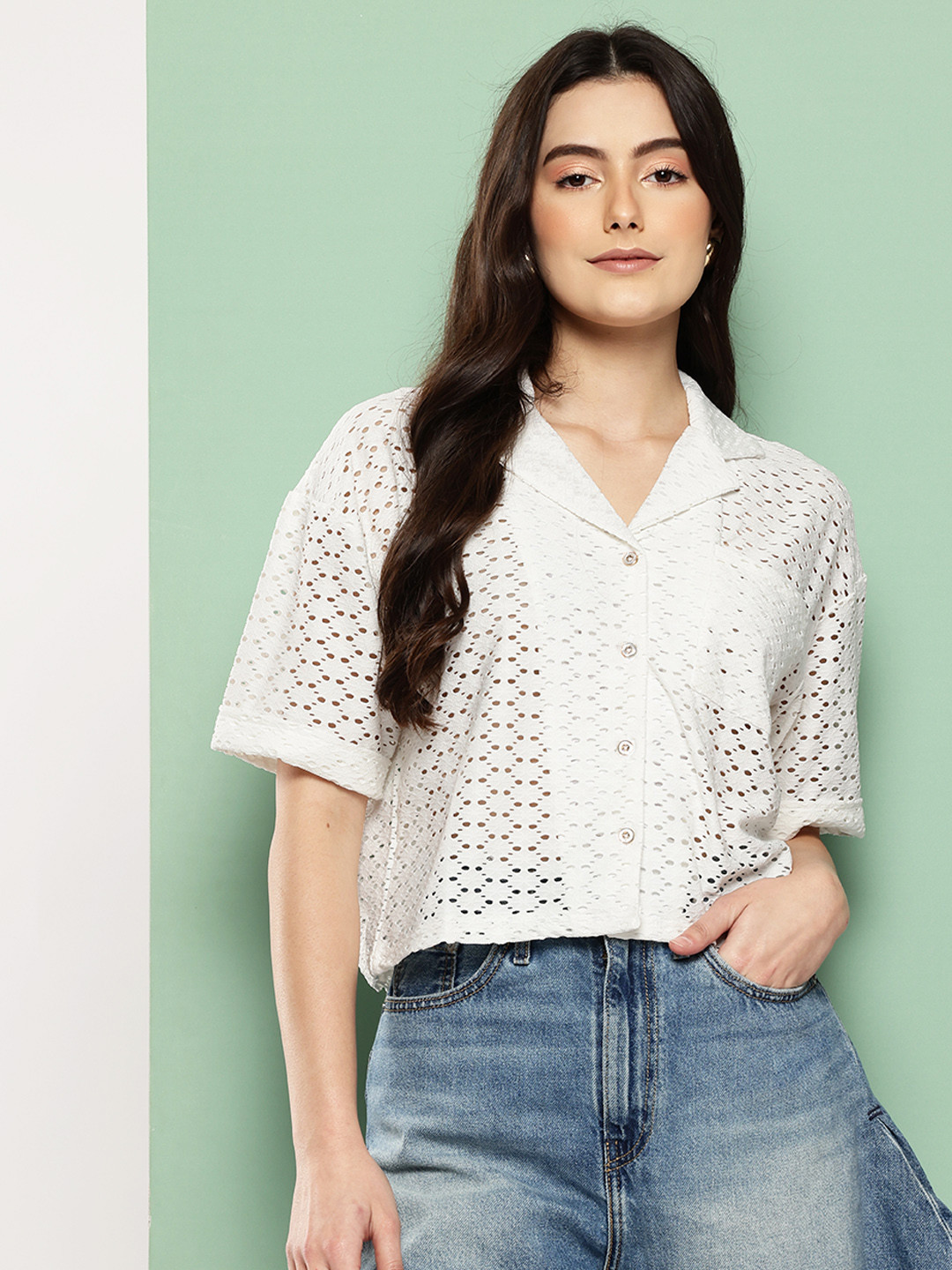 Killer Self Design Semi Sheer Drop-Shoulder Sleeves Casual Crop Shirt