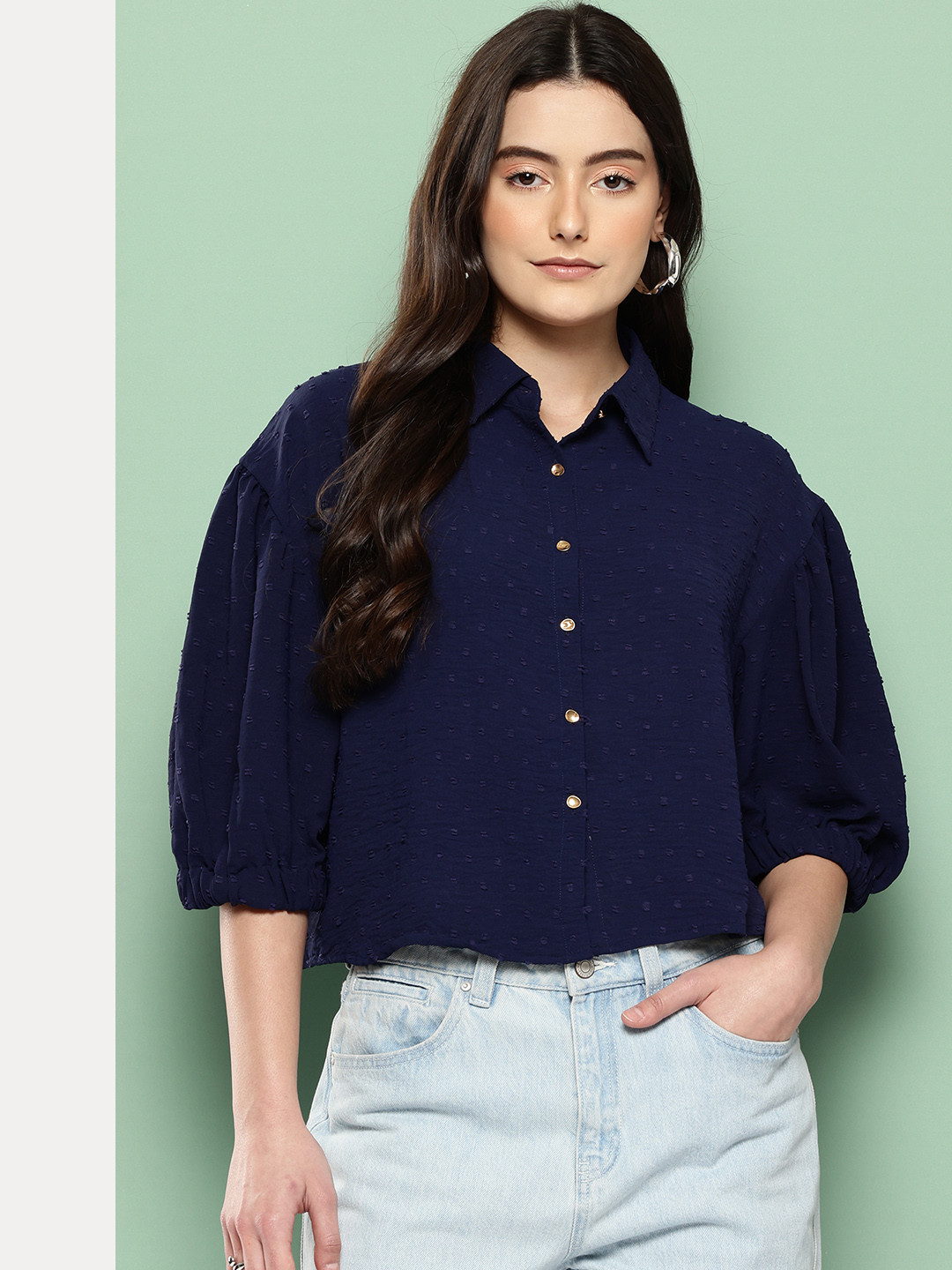 Killer Dobby Weave Puffed Sleeves Casual Crop Shirt