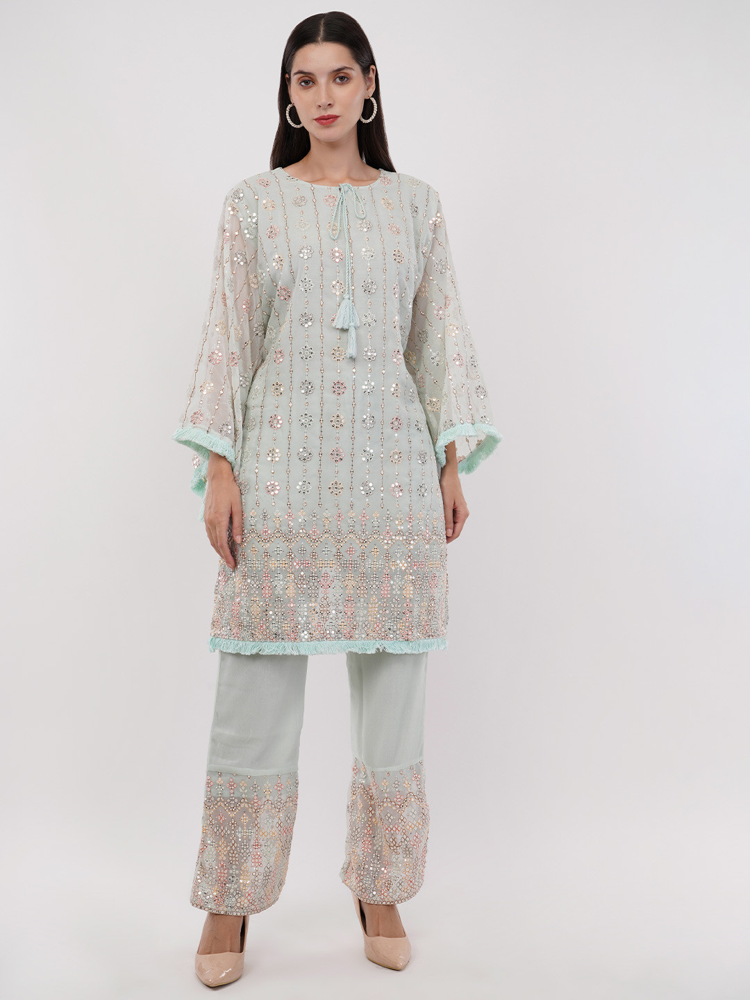 dhartii Summer Garden Embroidered Georgette Tunic With Palazzo Co-Ords