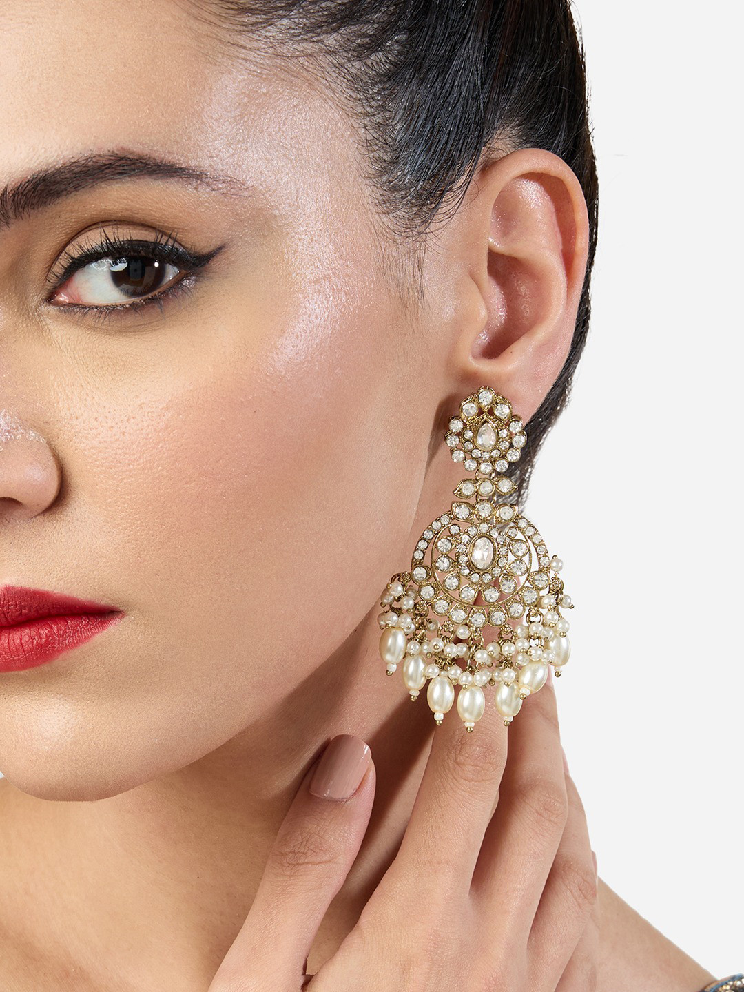 Zaveri Pearls Gold-Plated Austrian Diamond Studded & Beaded Floral Shaped Drop Earrings