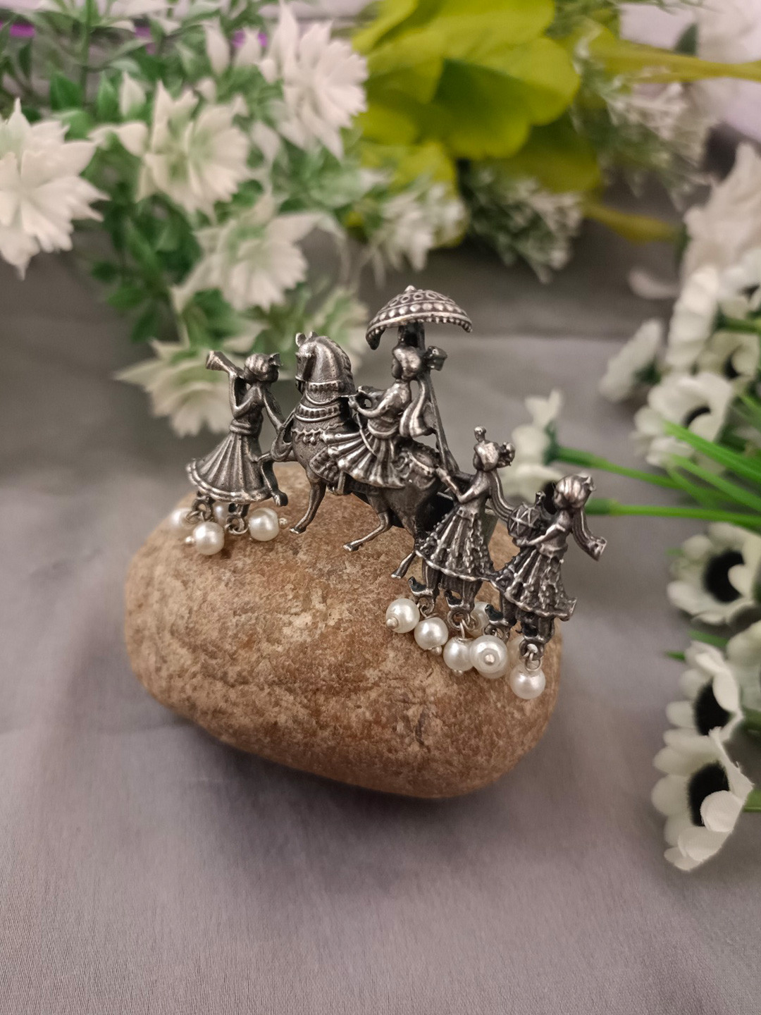 Sanjog Antique-Plated Oxidised Pearl Drops Dulha Wedding Design Statement Finger Ring