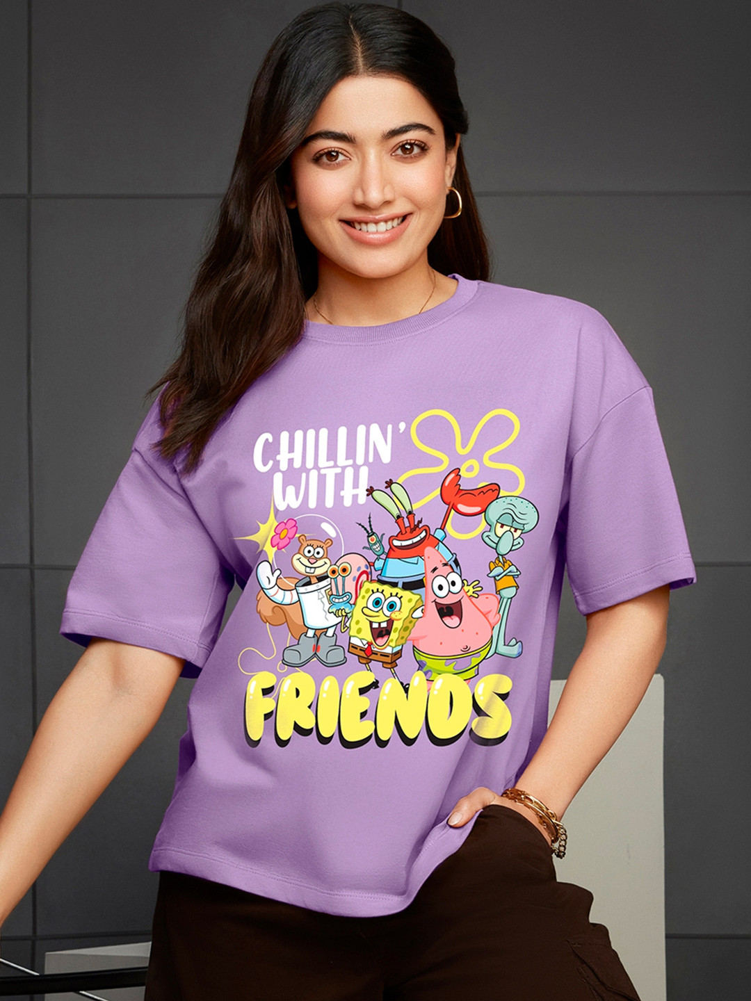 Bewakoof Heavy Duty Women SpongeBob Merchandise Printed Cotton Oversized T-shirt