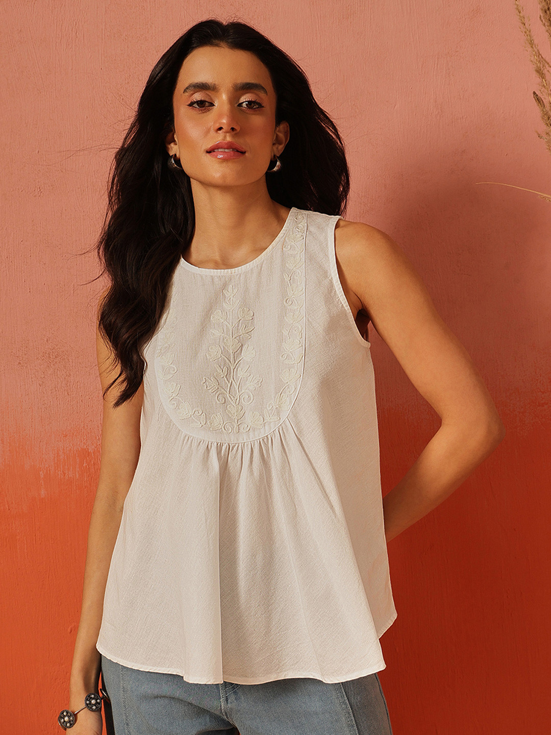 QAZMI Women Aari Work Sleeveless Peplum Linen Cotton Top