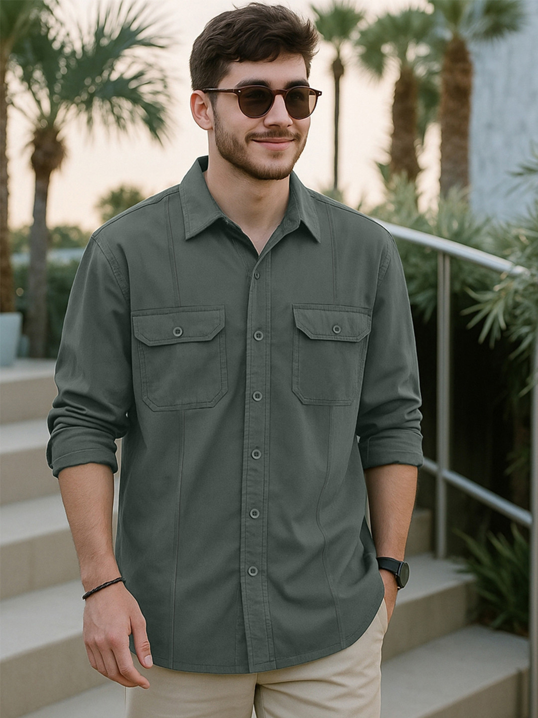 Bewakoof Men's Grey Oversized Cargo Shirt