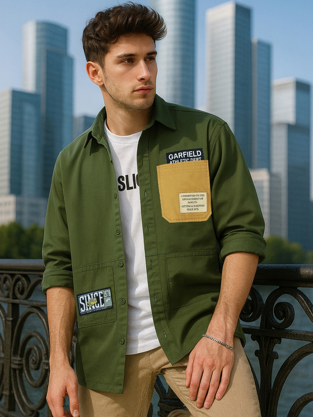 Bewakoof Men's Moss Green Batch Printed Oversized Shirt