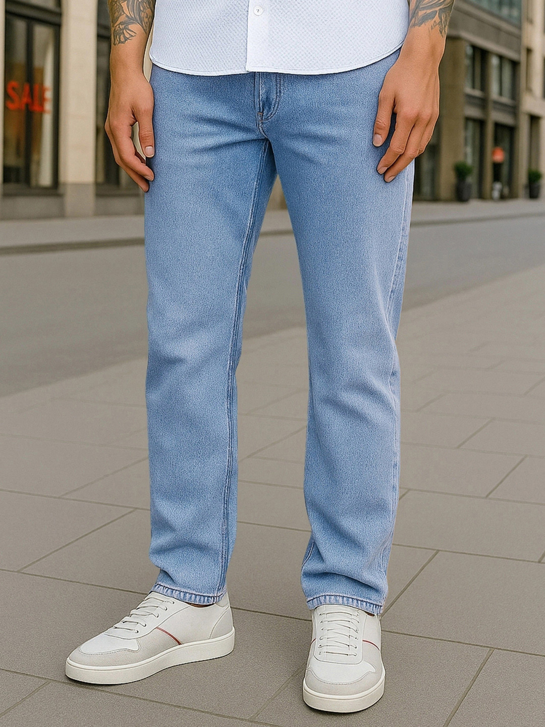 Bewakoof Men's Light Blue Slim Straight Fit Stretchable Mid-Rise Jeans