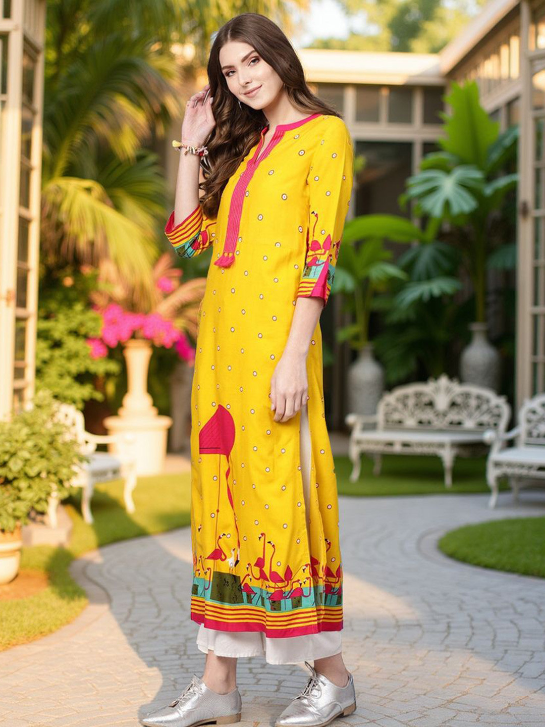 Pannkh Flamingo Printed Mandarin Collar Straight Kurta