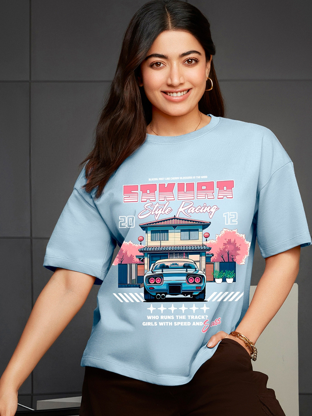 Bewakoof Women Sakura Racing Graphic Printed Pure Cotton Oversized T-shirt