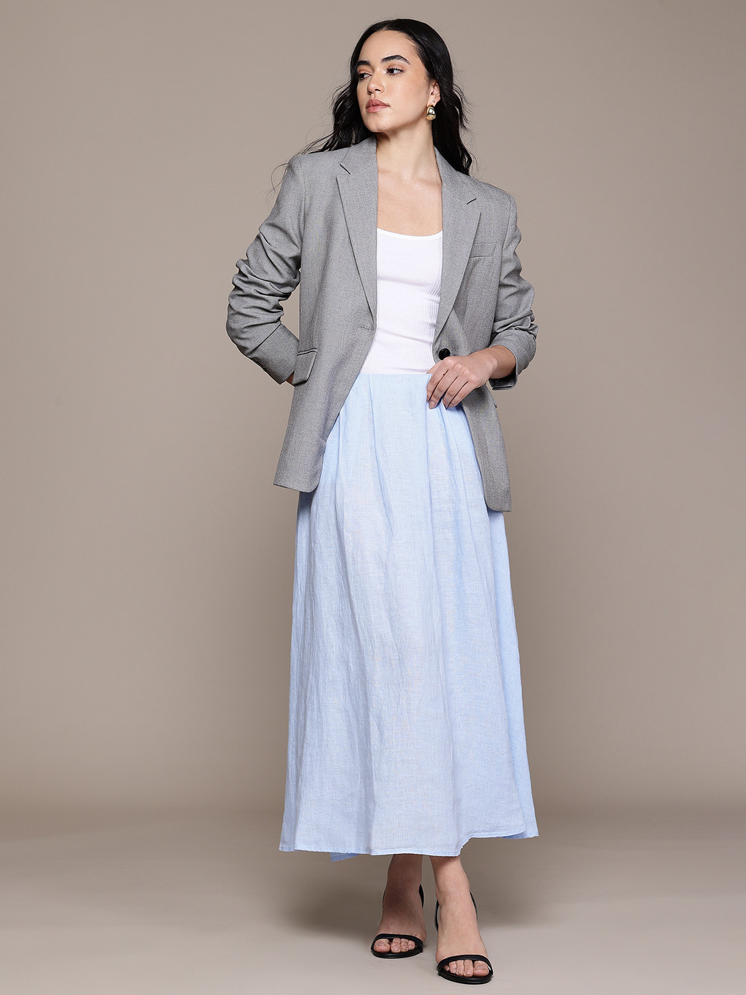 MANGO Linen Pleated A-Line Maxi Skirt