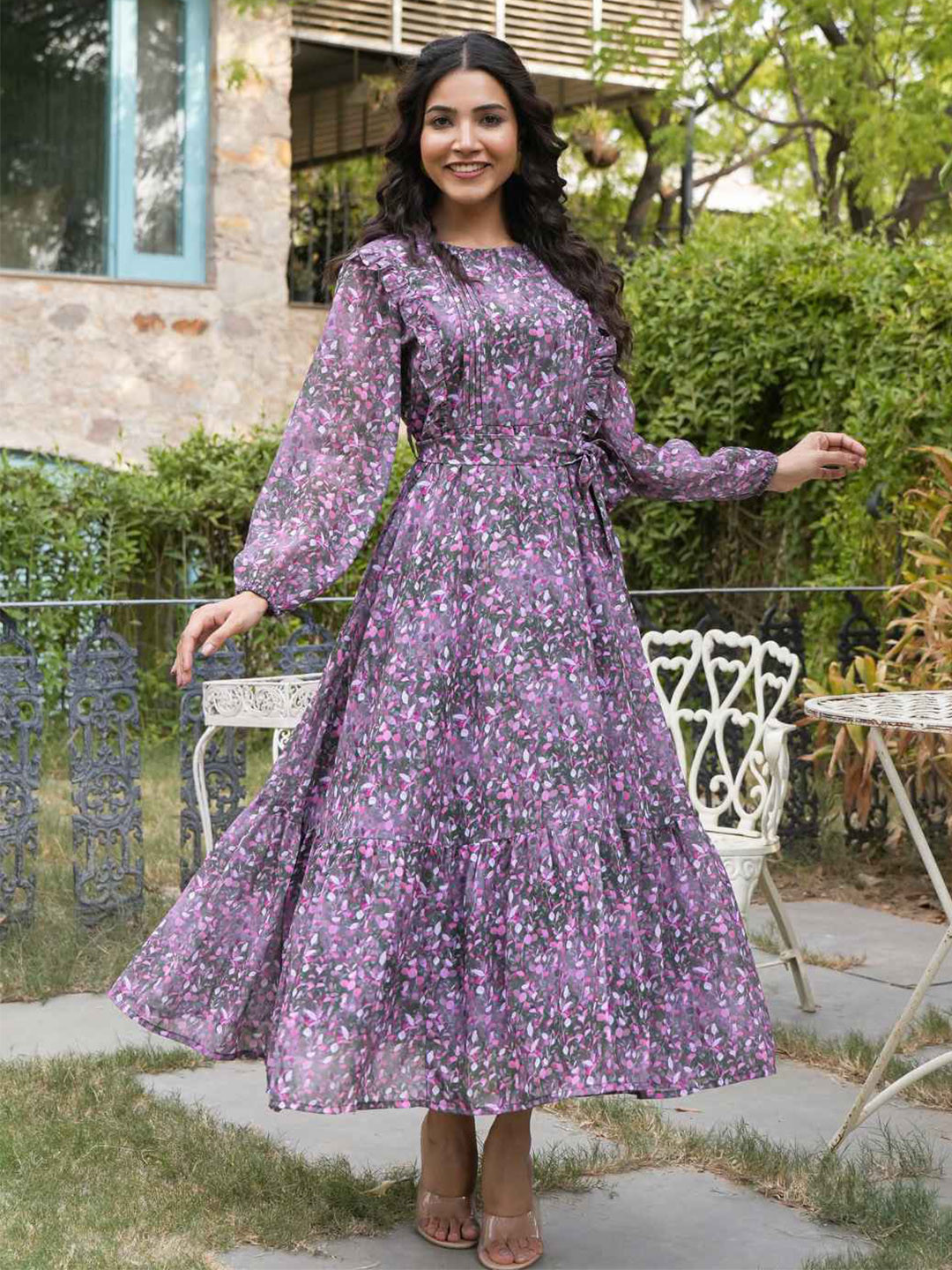 NOUN Floral Printed Round Neck Ruffles Detail Fit & Flare Maxi Dress