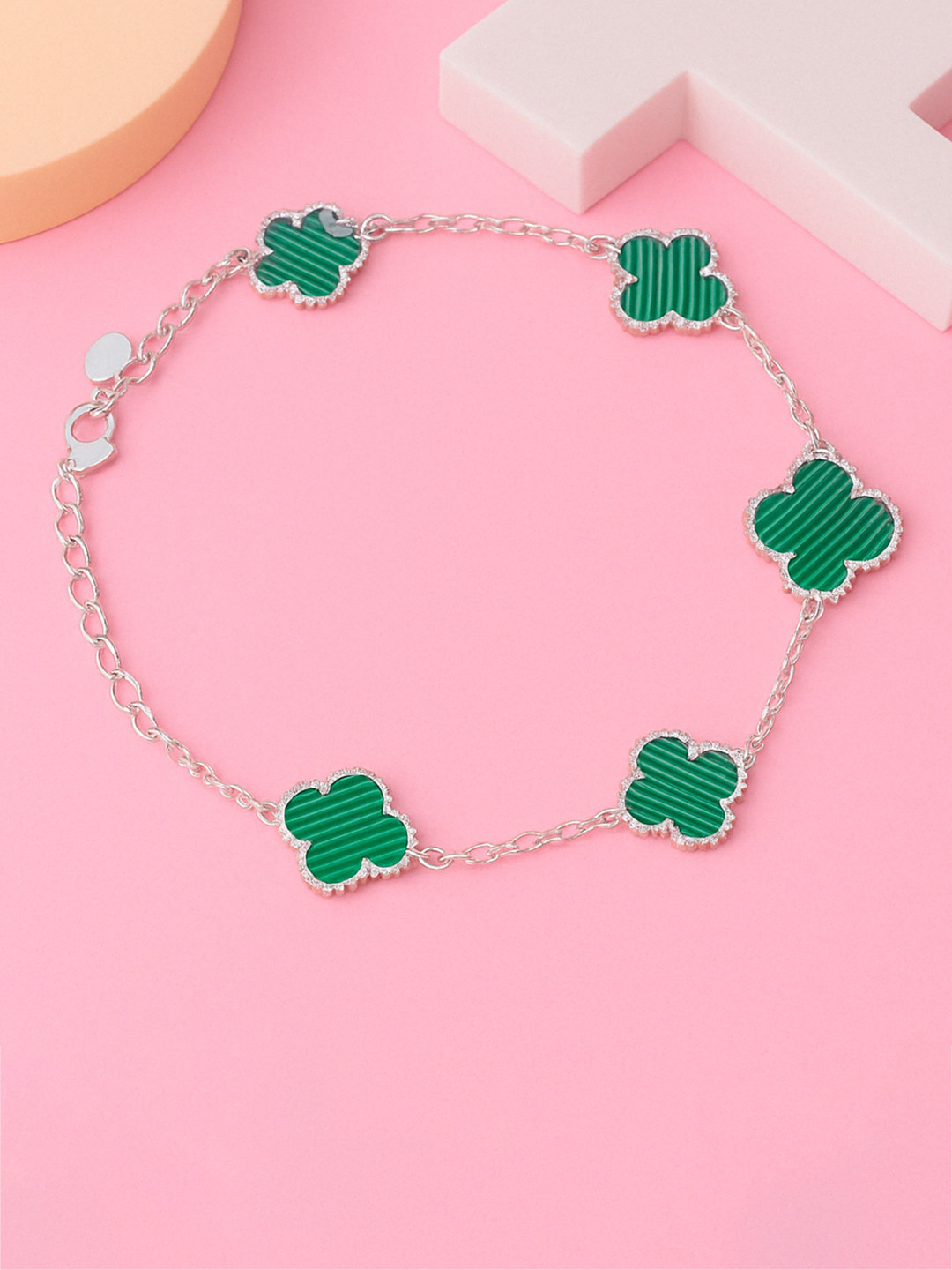 Zisthi 925 Sterling Silver Green Inlay Clover Linking Bracelet