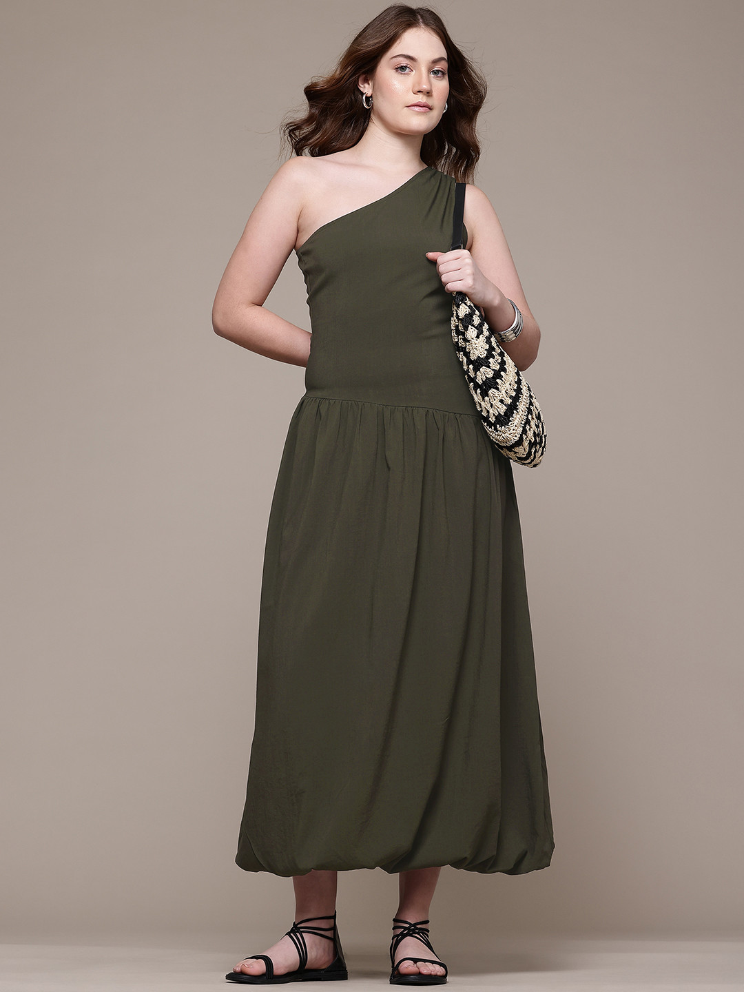 MANGO One Shoulder Balloon Maxi Dress