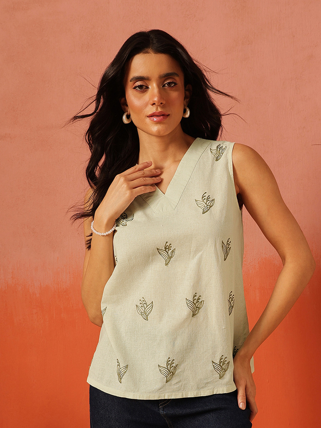 QAZMI Women Aari Work A-Line Sleeveless Cotton Linen Top
